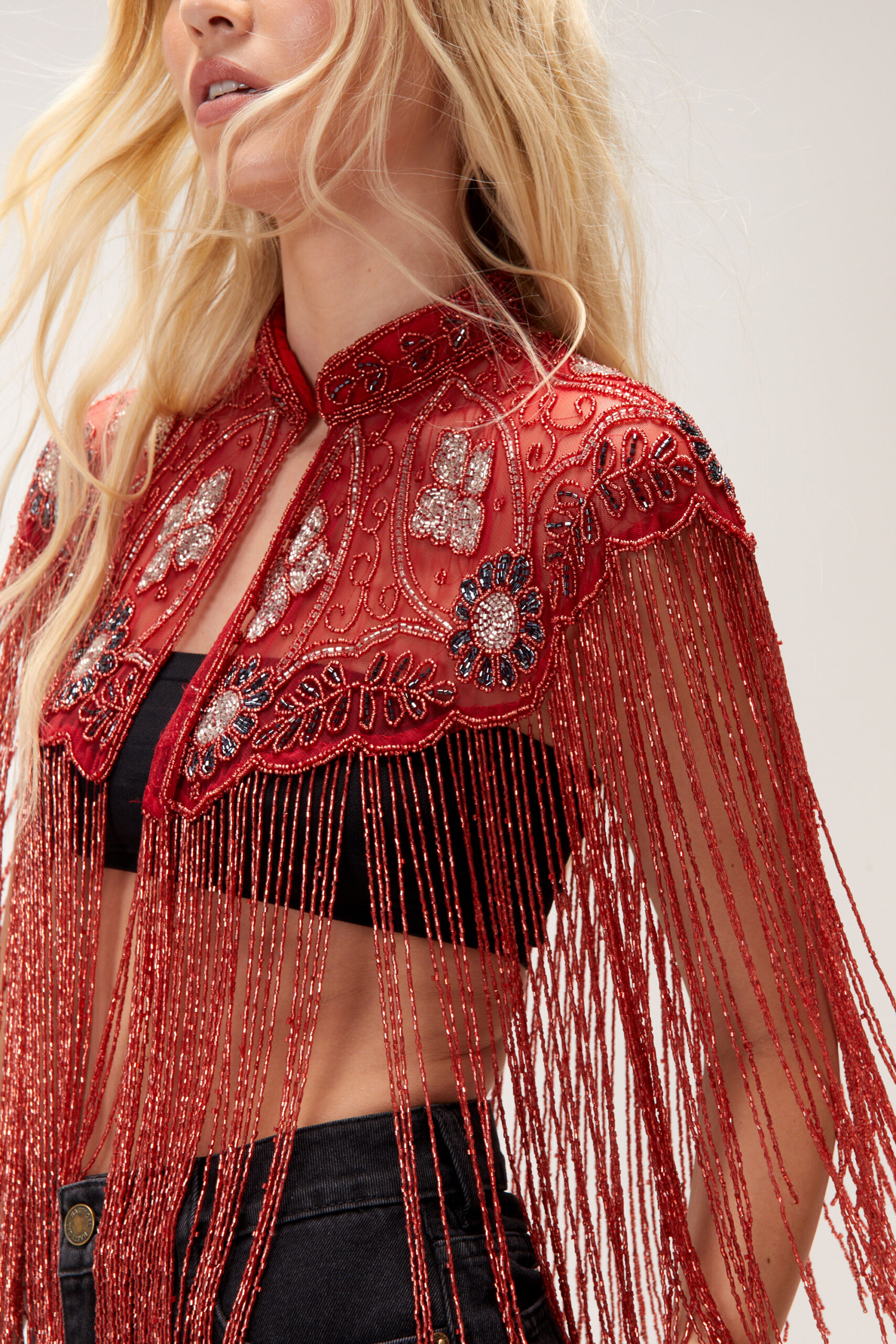 Floral Embellished Beaded Tassel Cape