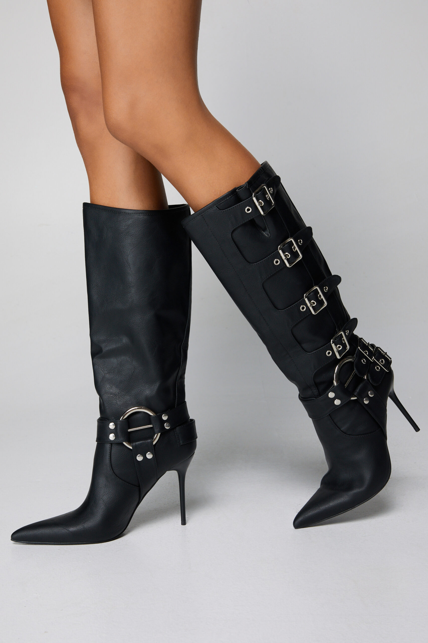 Faux Leather Buckle Detail Pointed Toe Knee High Boots