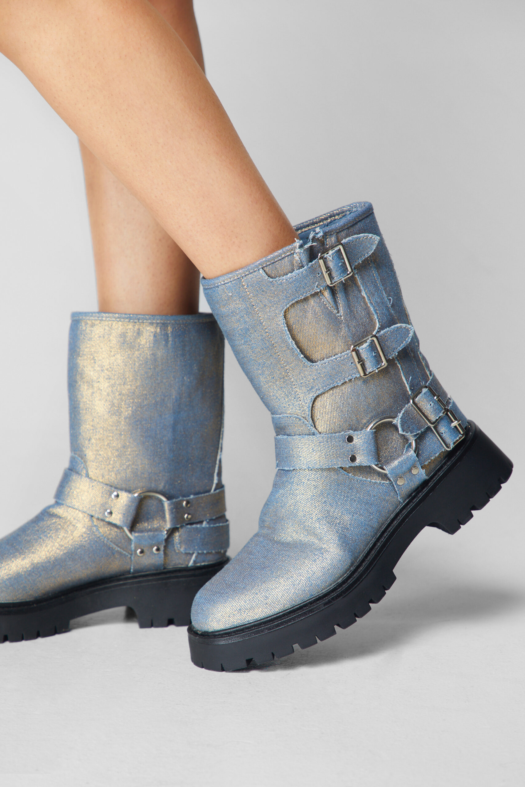 Metallic Denim Buckle Ankle Boots