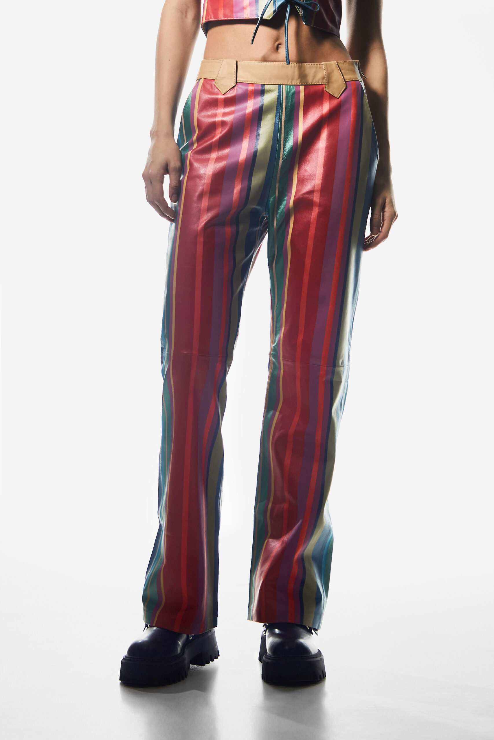 Real Leather Stripe Straight Leg Pants