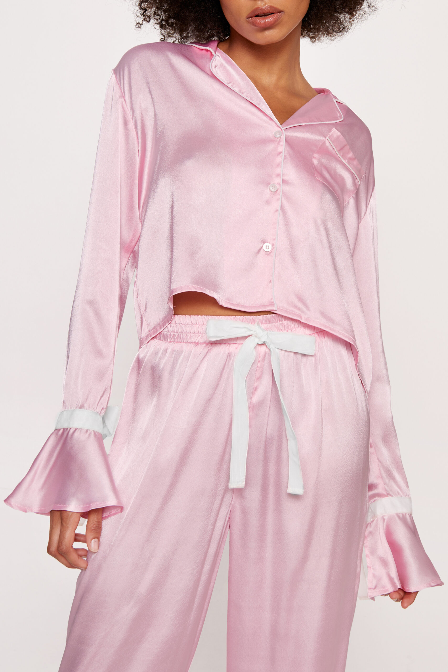 Satin Contrast Velvet Tie Cuff Pajama Shirt And Pants Set