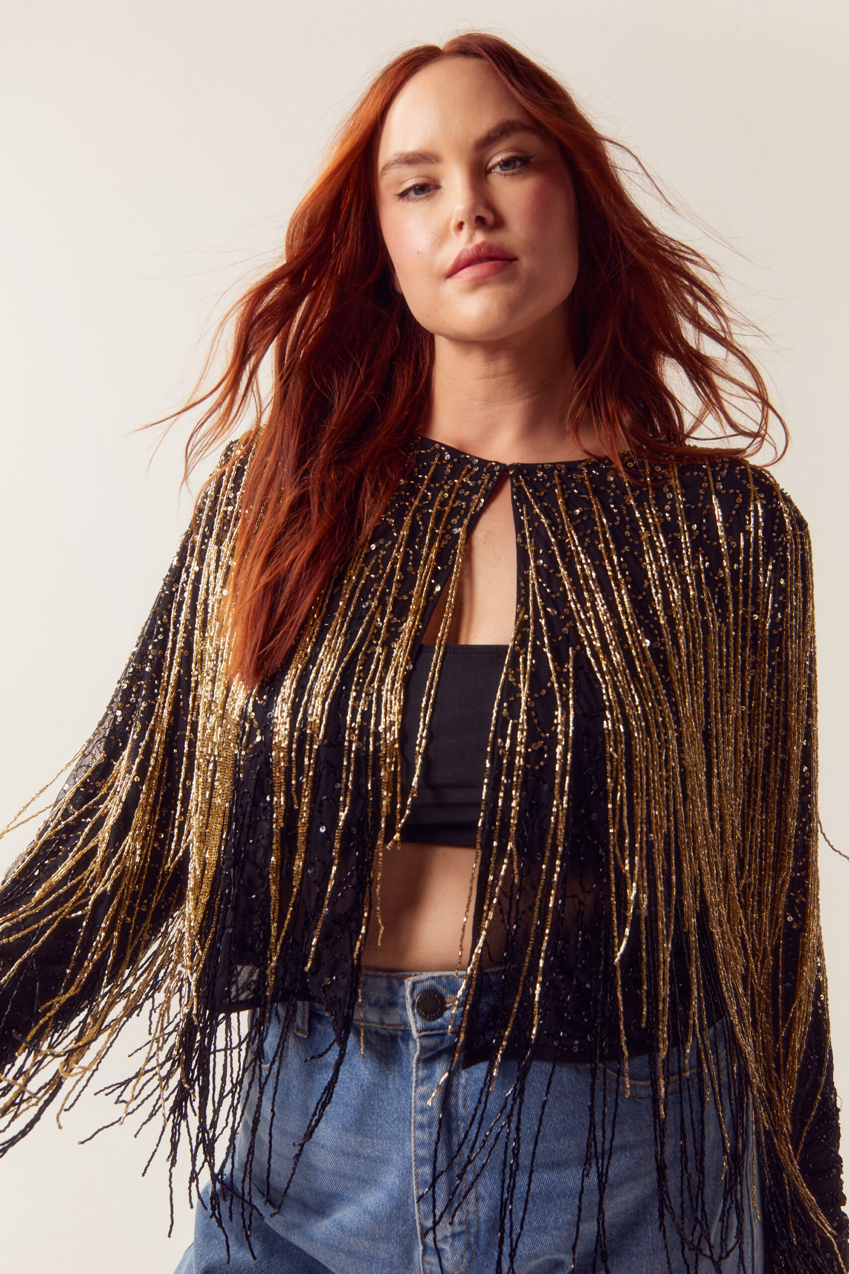 Plus Size Tassel Beaded Metallic Jacket