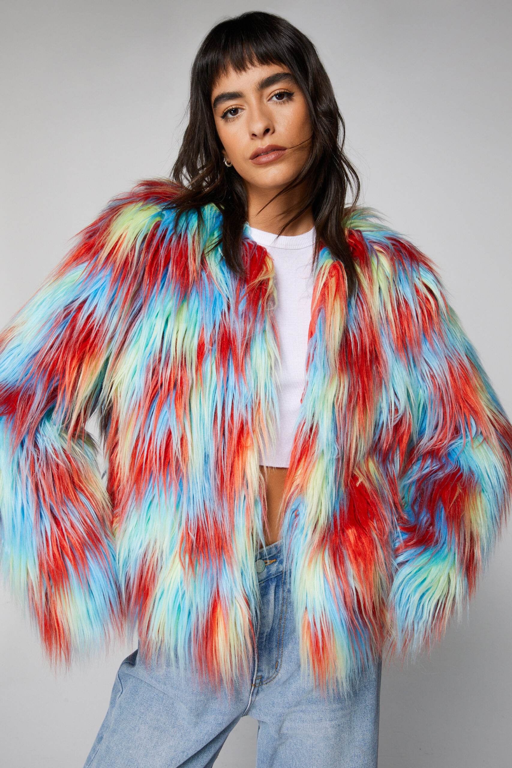 Multicolor Faux Fur Collarless Jacket