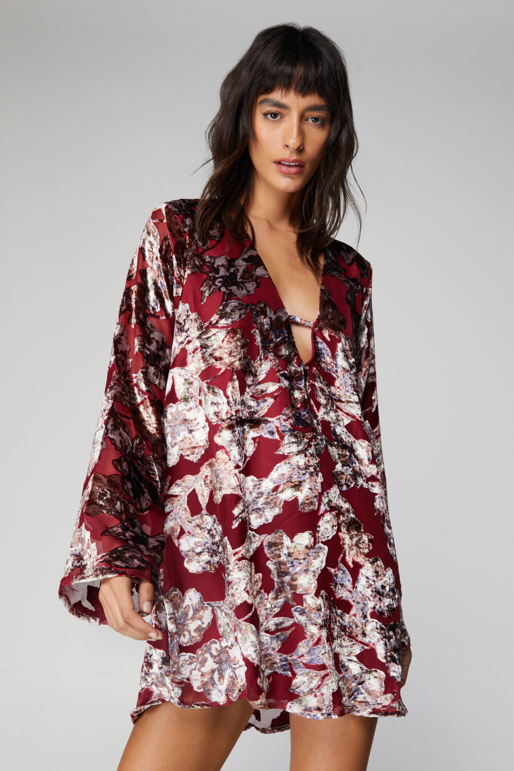 Floral Devore V Neck Mini Dress