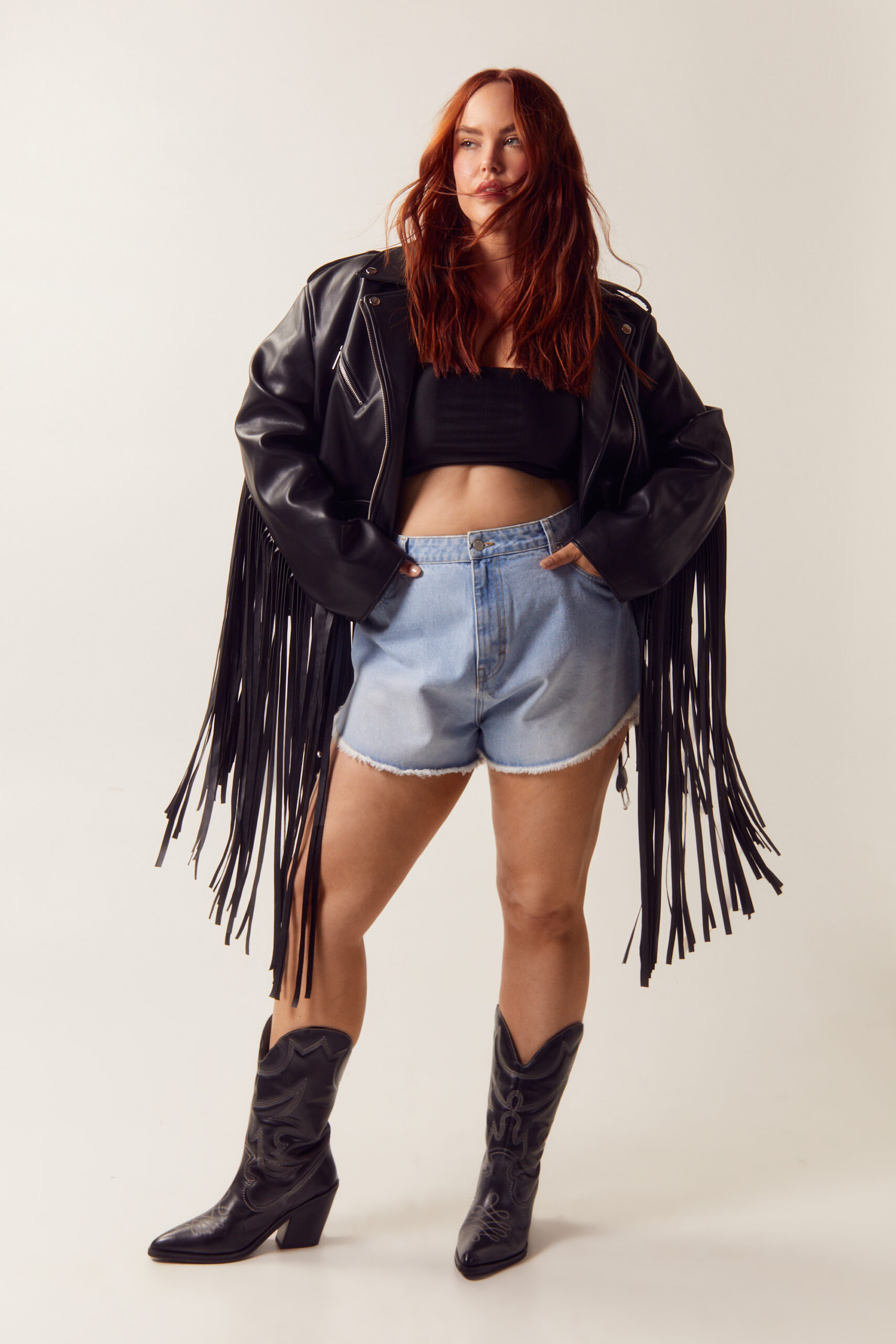 Plus Size Faux Leather Fringe Back Biker Jacket