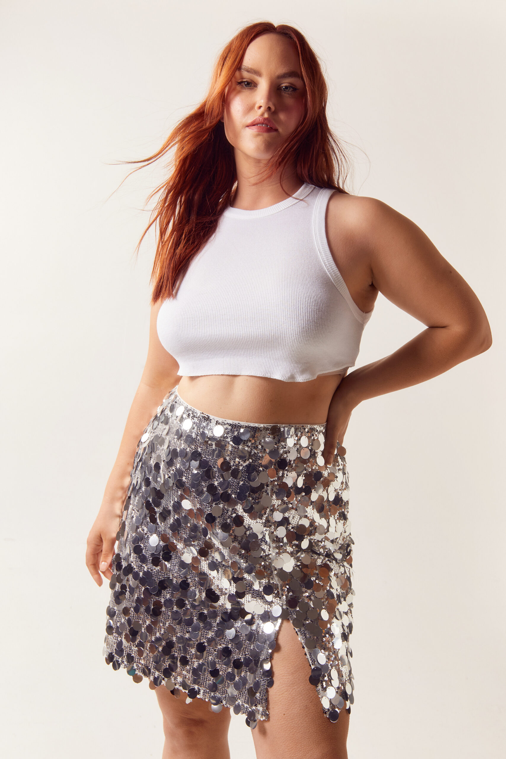 Plus Size Sequin Split Mini Skirt