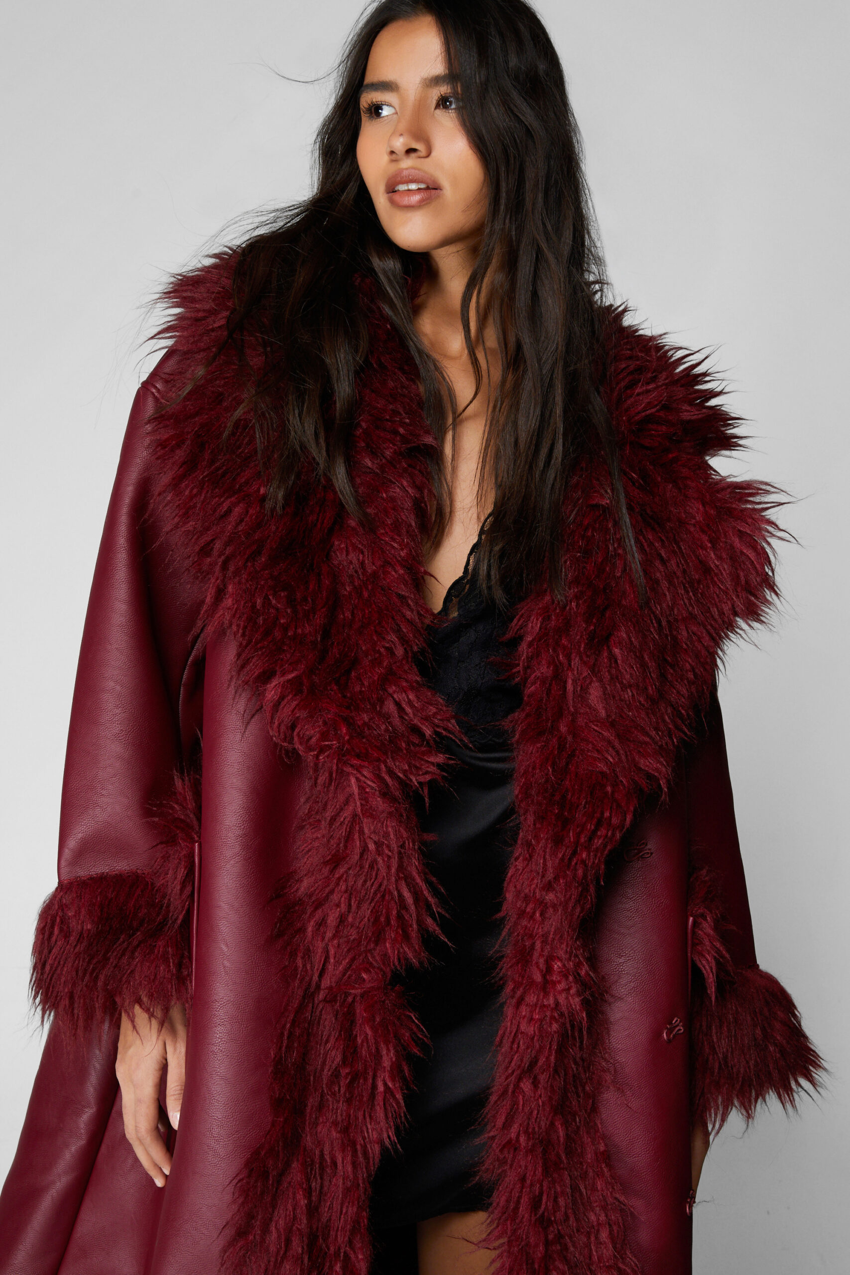 Faux Leather Fur Trim Longline Coat