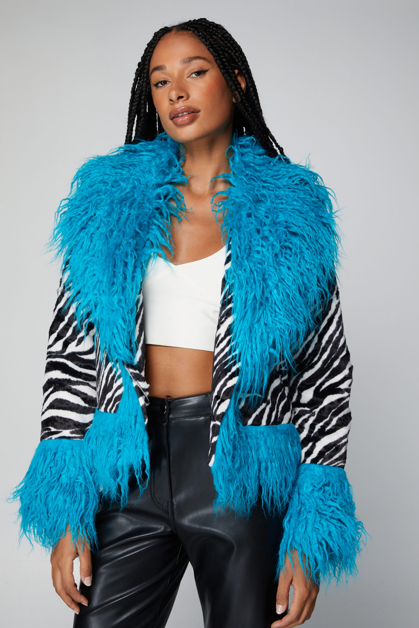 Premium Shearling Faux Fur Trim Zebra Print Afghan Jacket