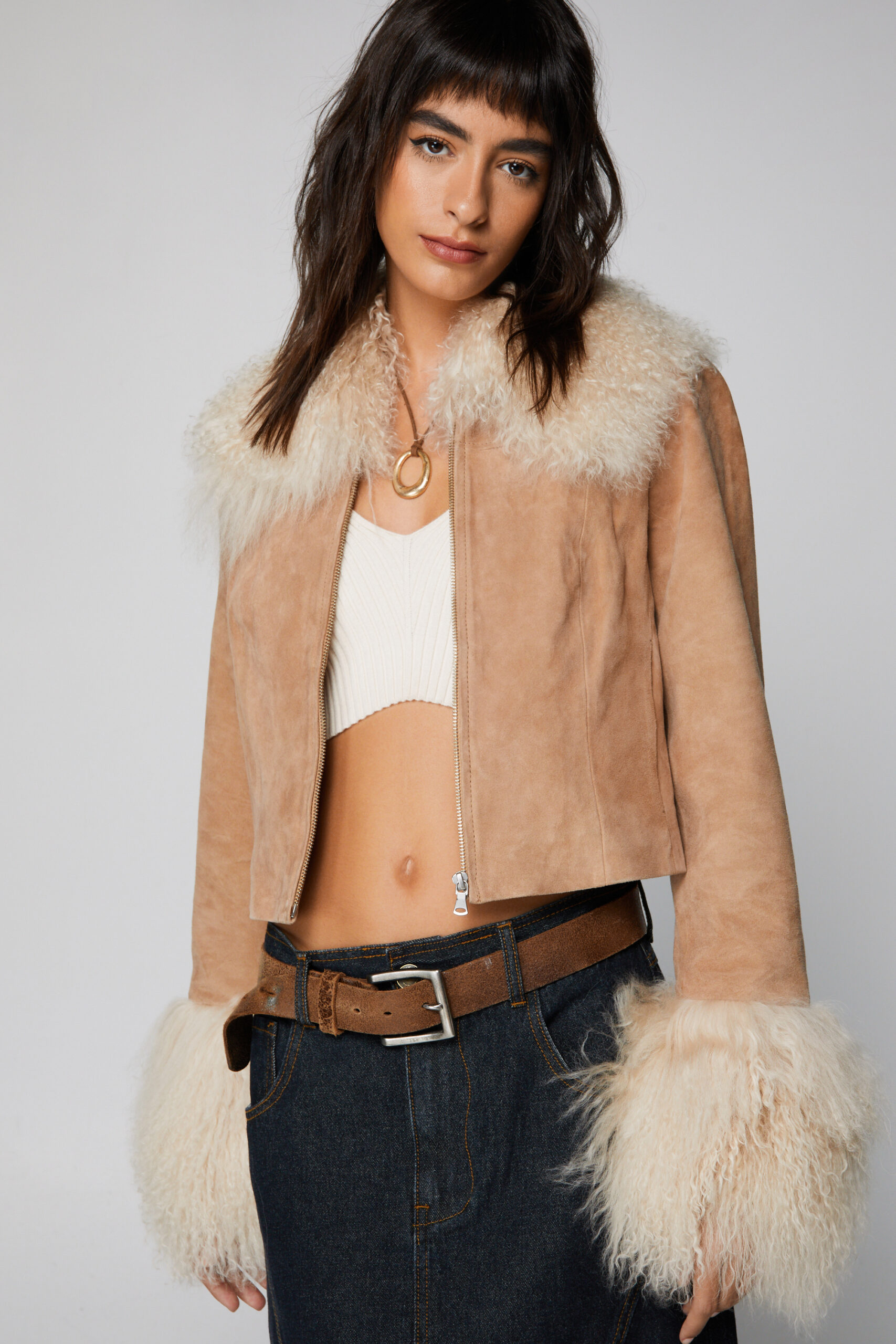 Premium Suede Shearling Cropped Afghan Jacket