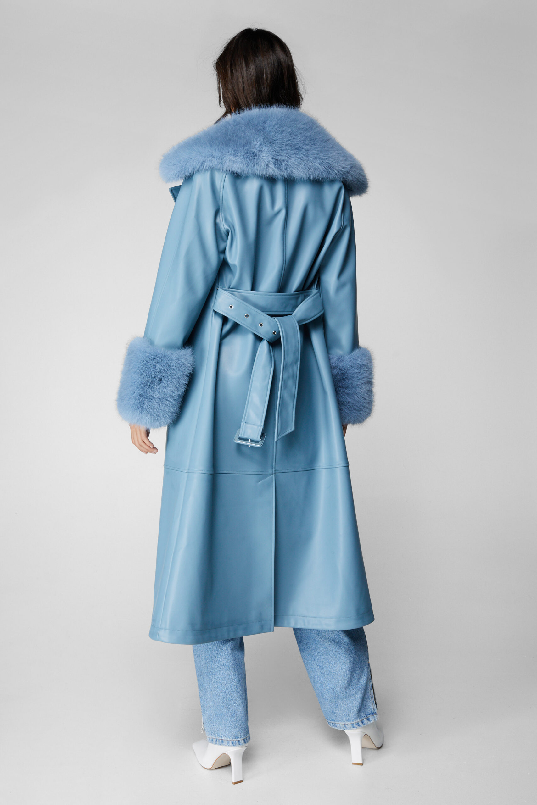 Plush Fur Trim Belted Faux Leather Coat