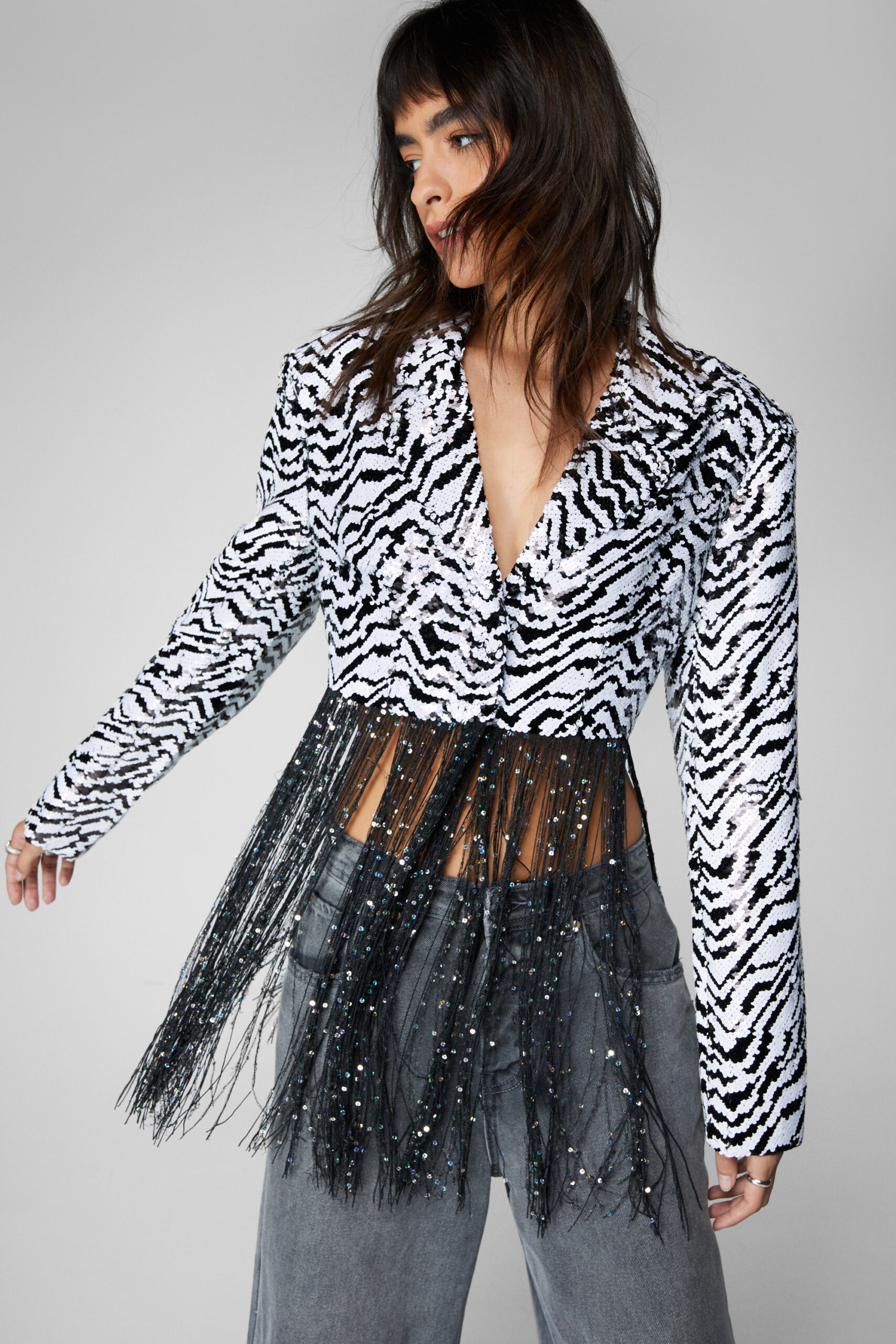 Premium Zebra Sequin Fringe Trim Blazer