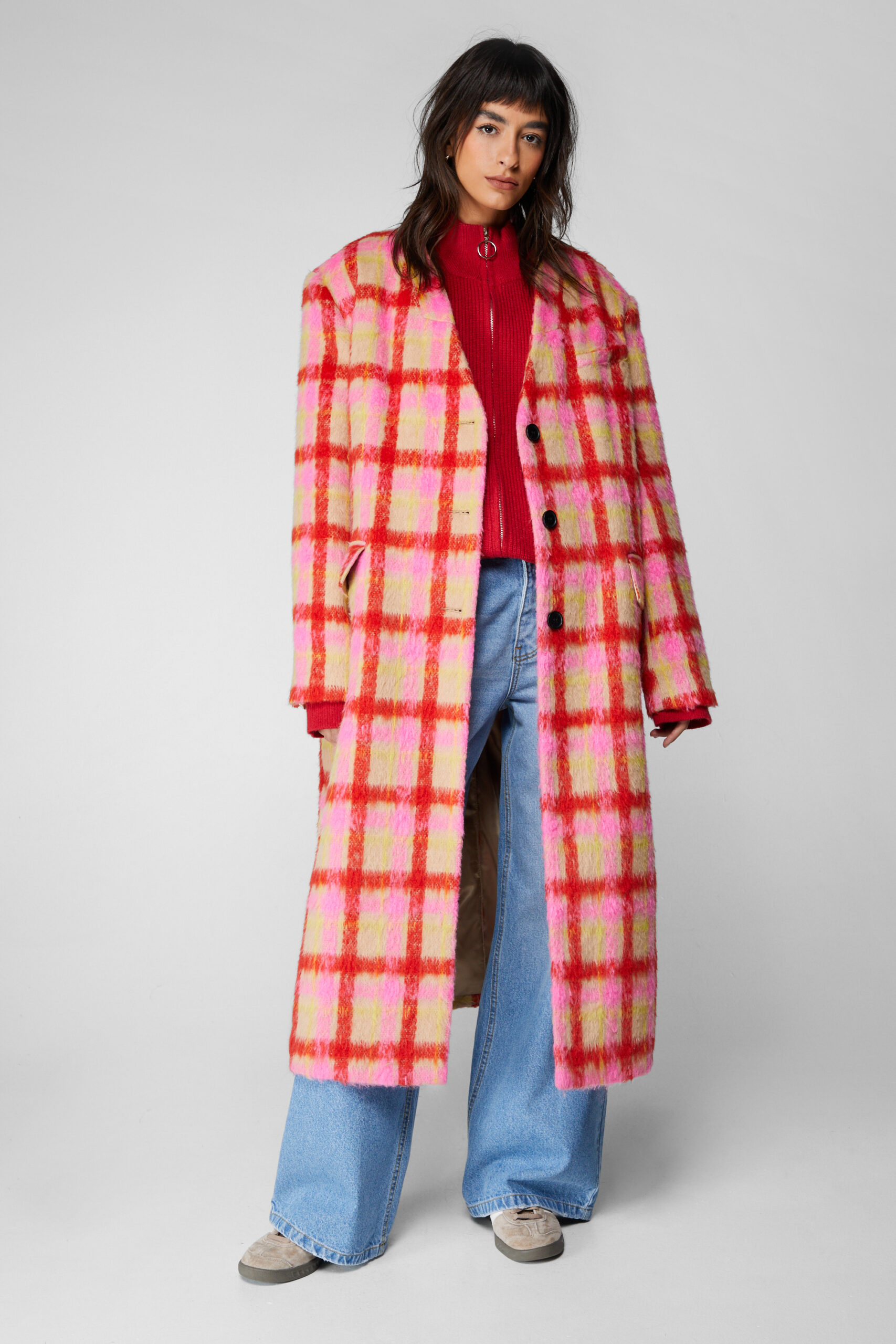 Premium Neon Plaid Tailored Duster Coat