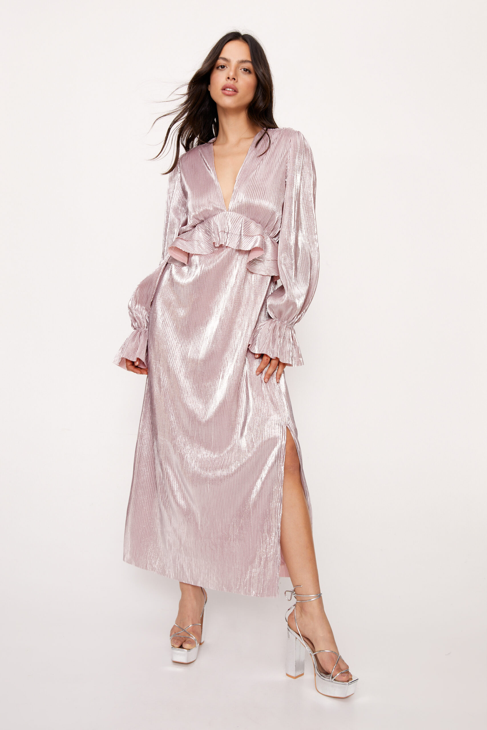 Metallic Pleated Ruffle Midi Dress