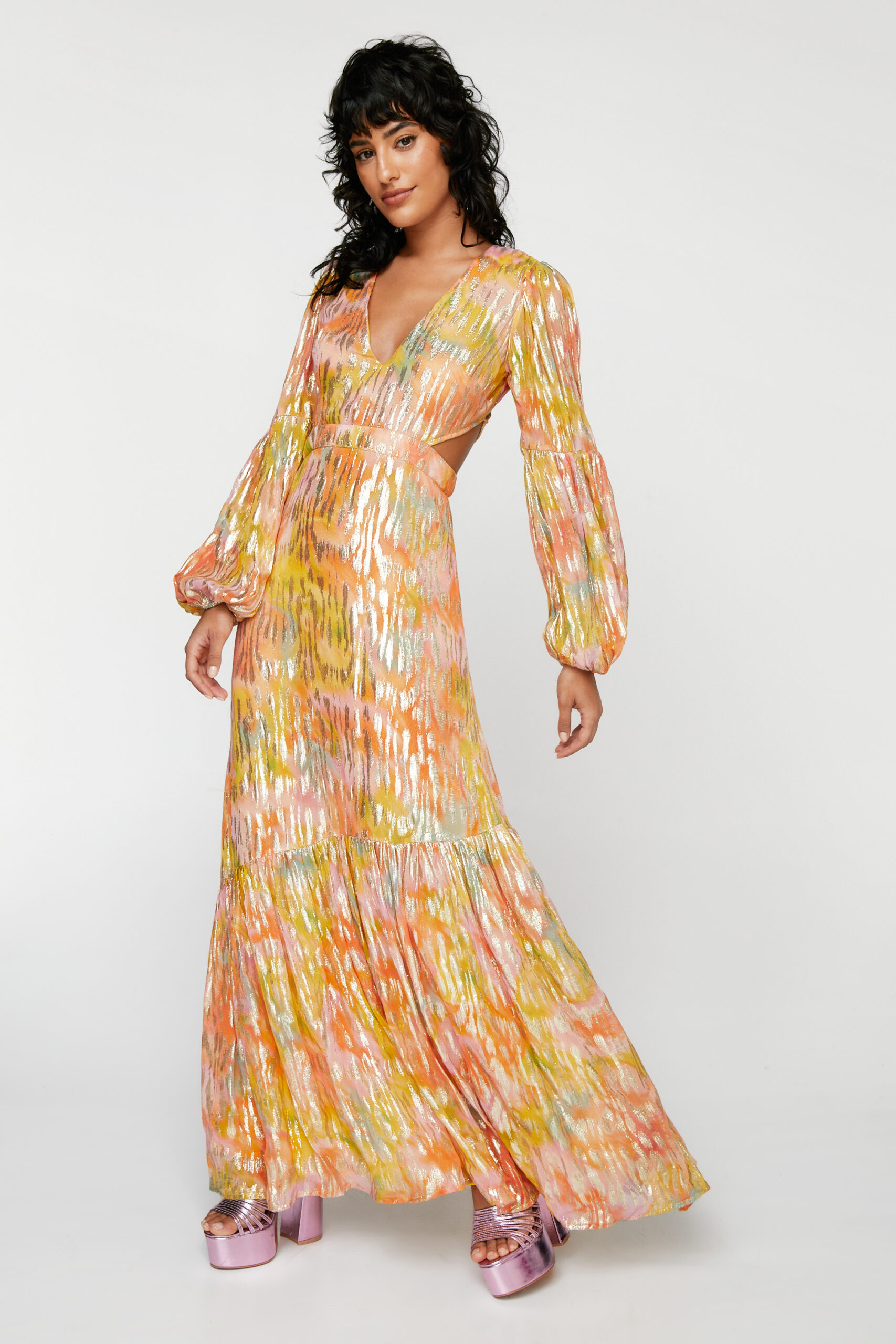 Metallic Blurred Floral Open Back Maxi Dress