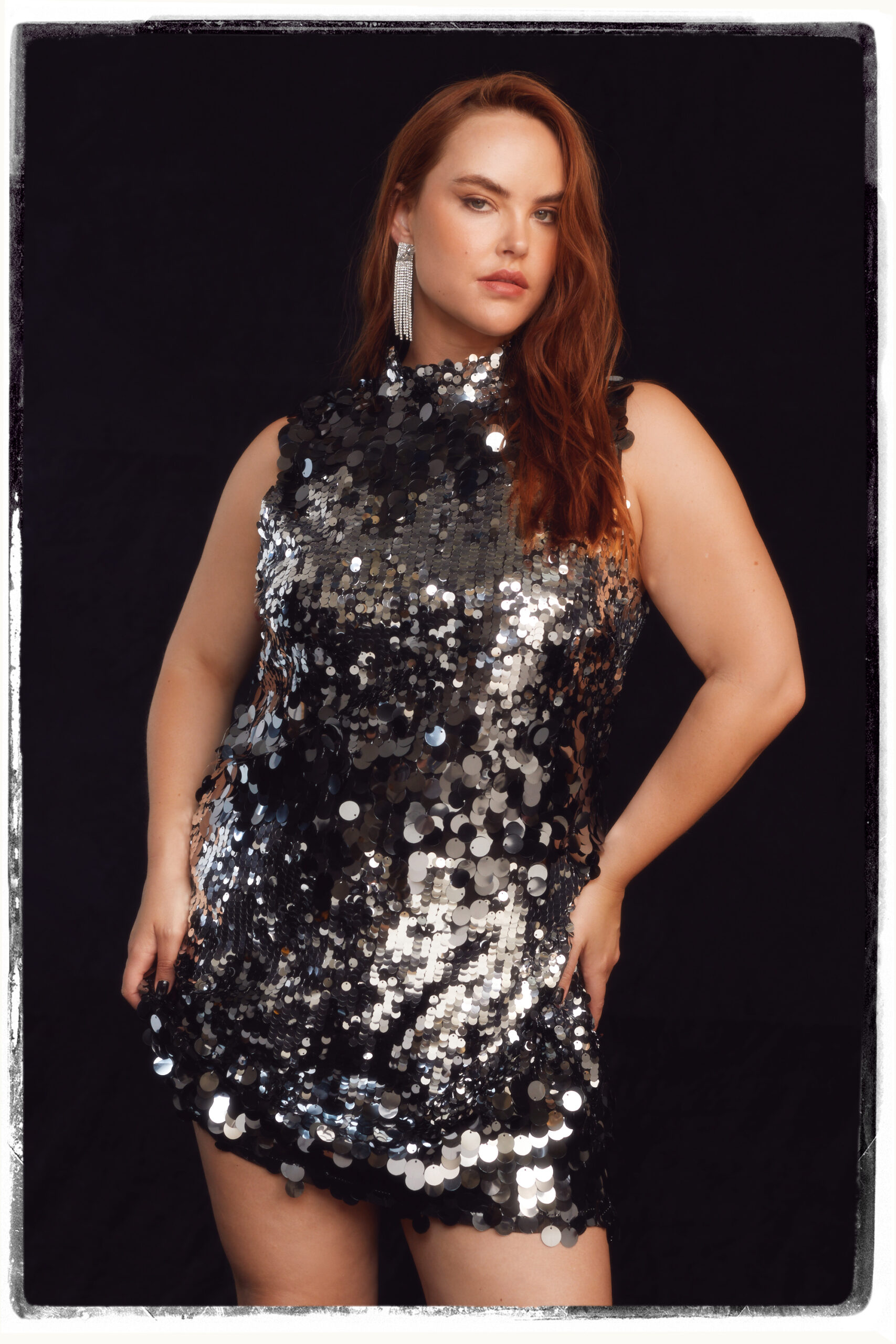 Plus Size Sequin Striped High Neck Shift Dress