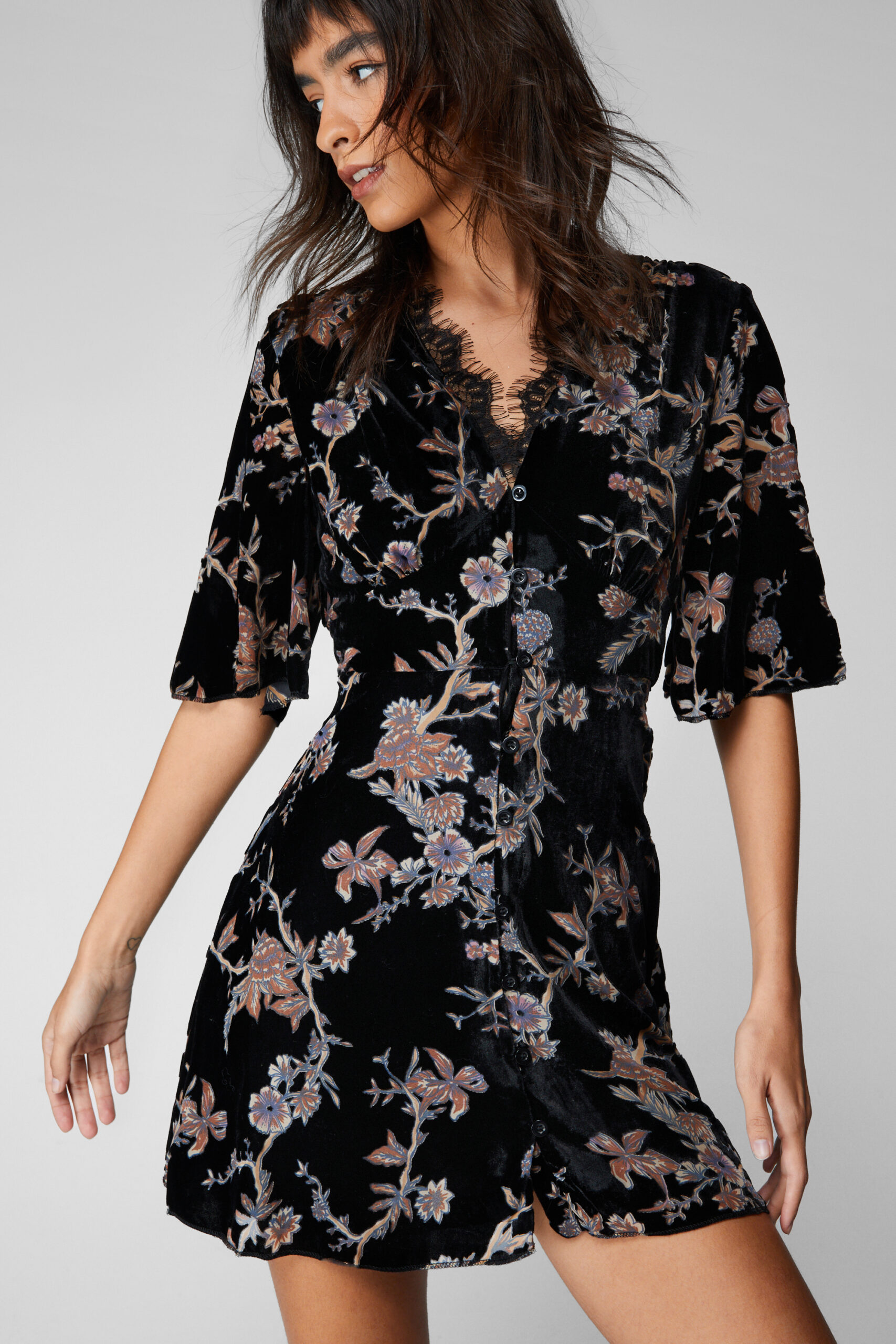 Ditsy Floral Devore Lace Trim Skater Dress