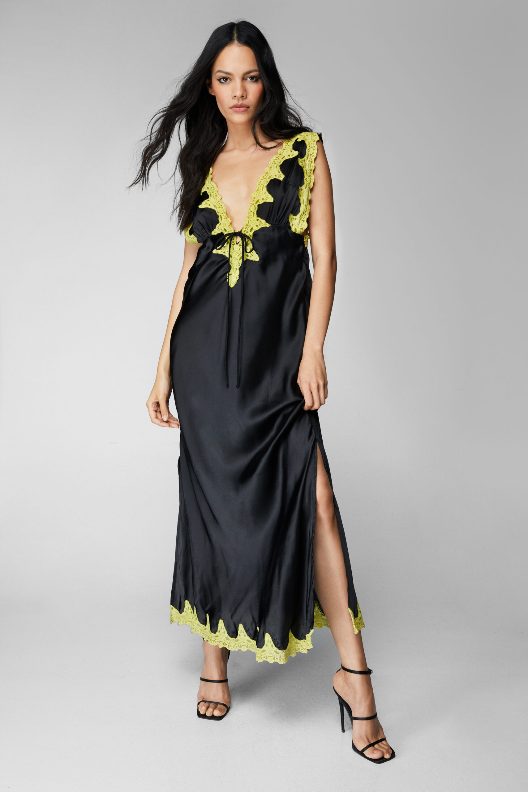 Cut Work Lace Trim Tie Satin Maxi Dress