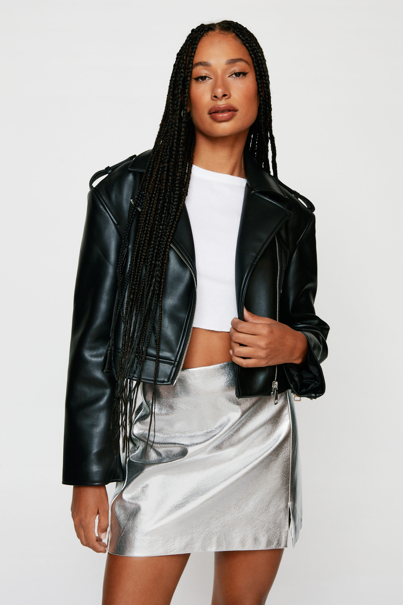 Faux Leather Cropped Biker Jacket