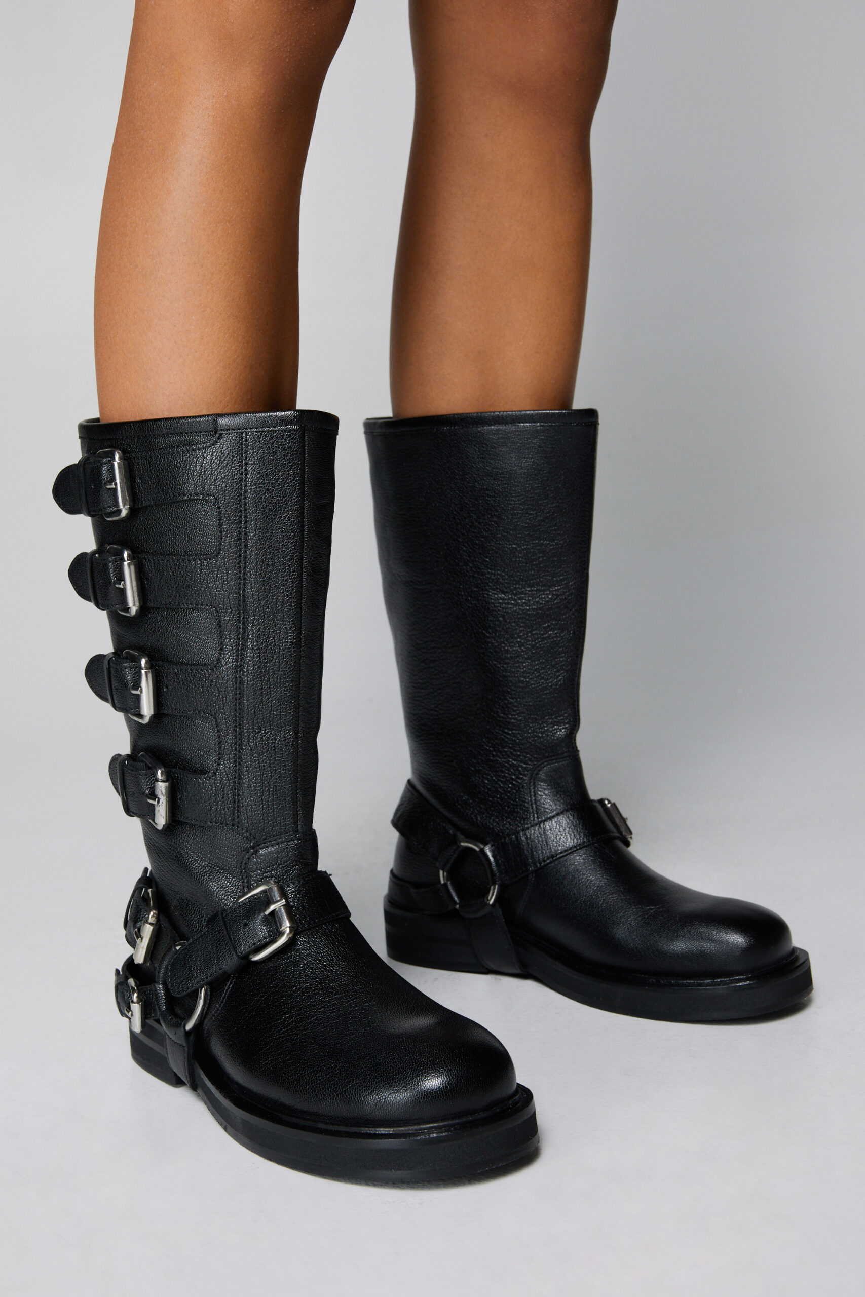 Real Leather Multi Buckle Biker Boots