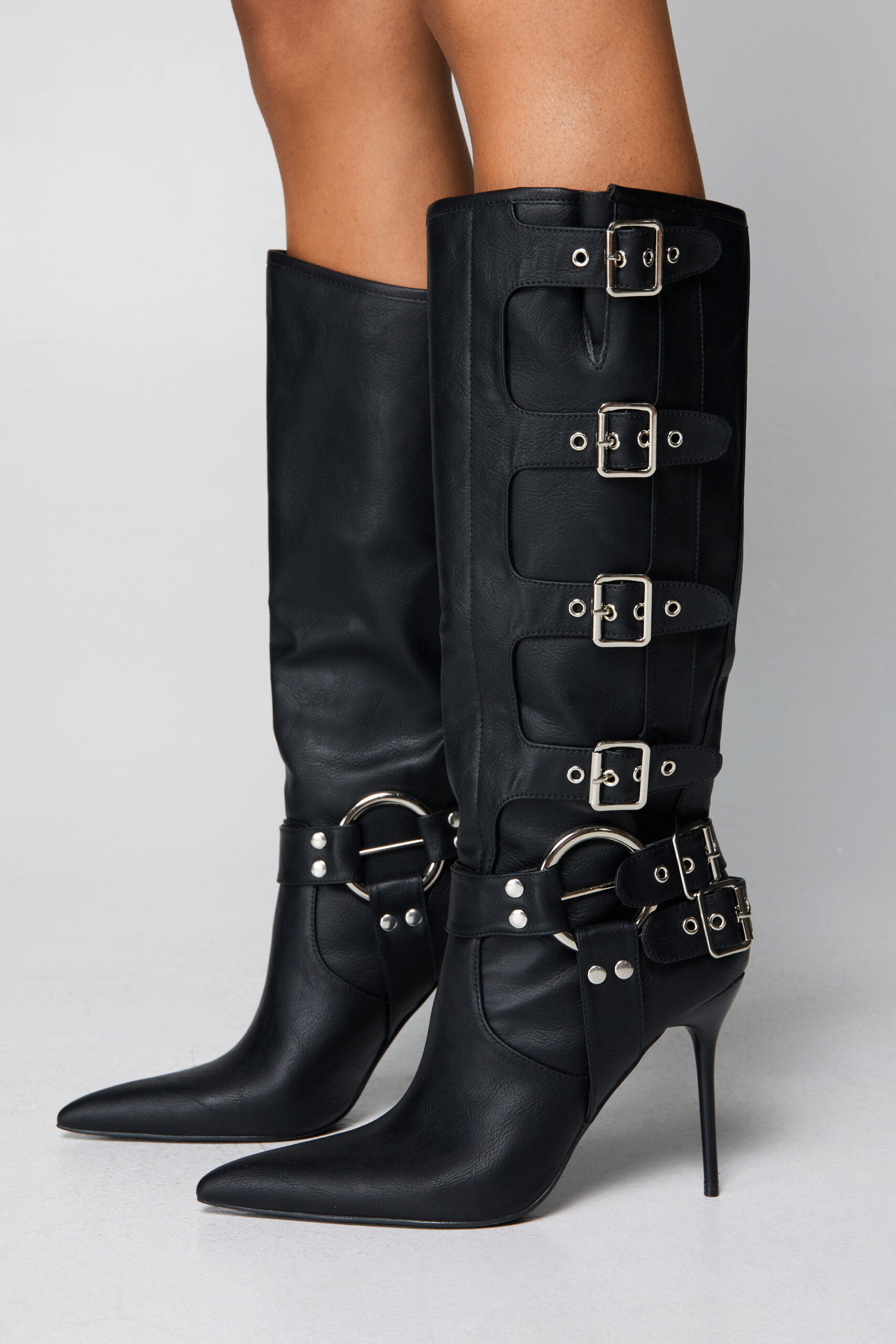 Faux Leather Buckle Detail Pointed Toe Knee High Boots