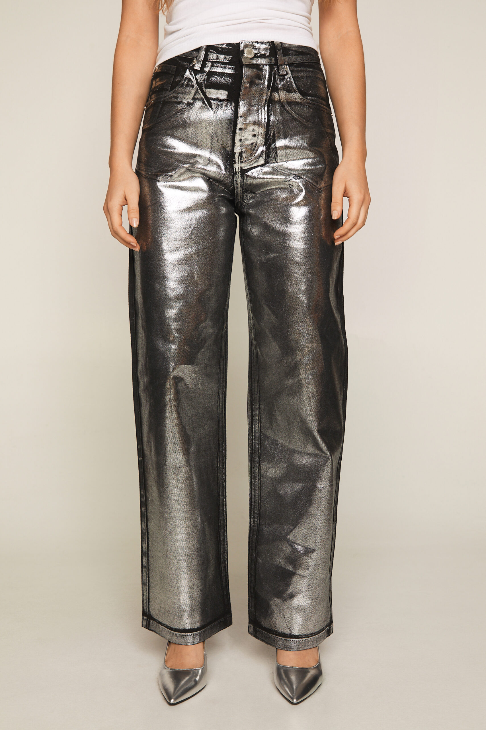 Metallic Coated Denim Low Slung Boyfriend Jeans