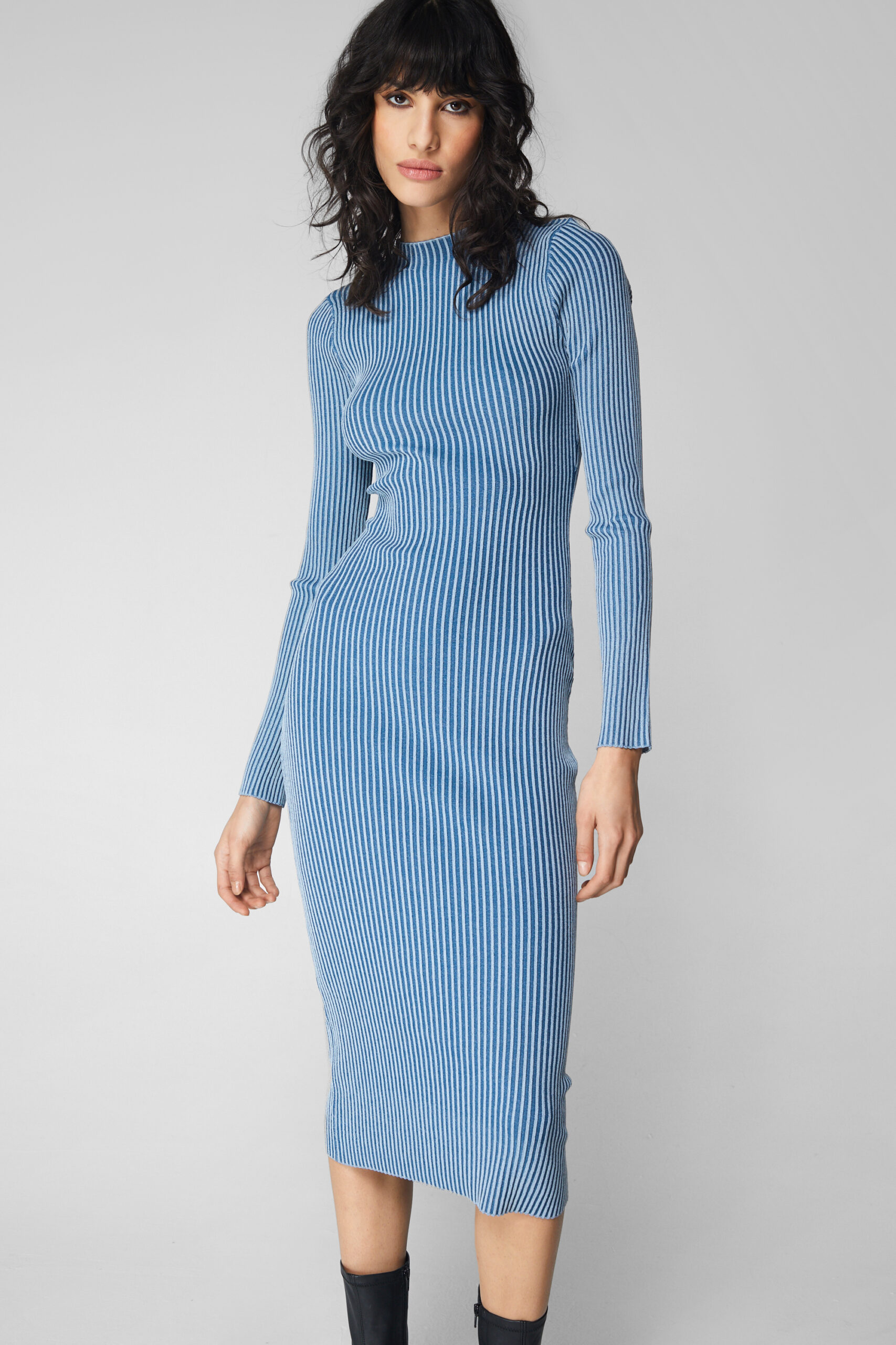 Stripe Funnel Neck Midi Dress