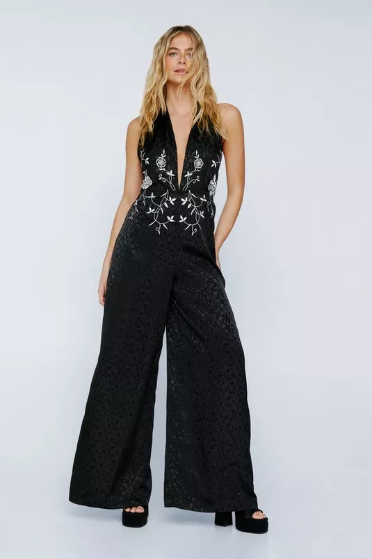 Plunge Floral Embroidered Jumpsuit