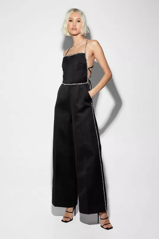 Premium Satin Diamante Trim Strap Back Jumpsuit