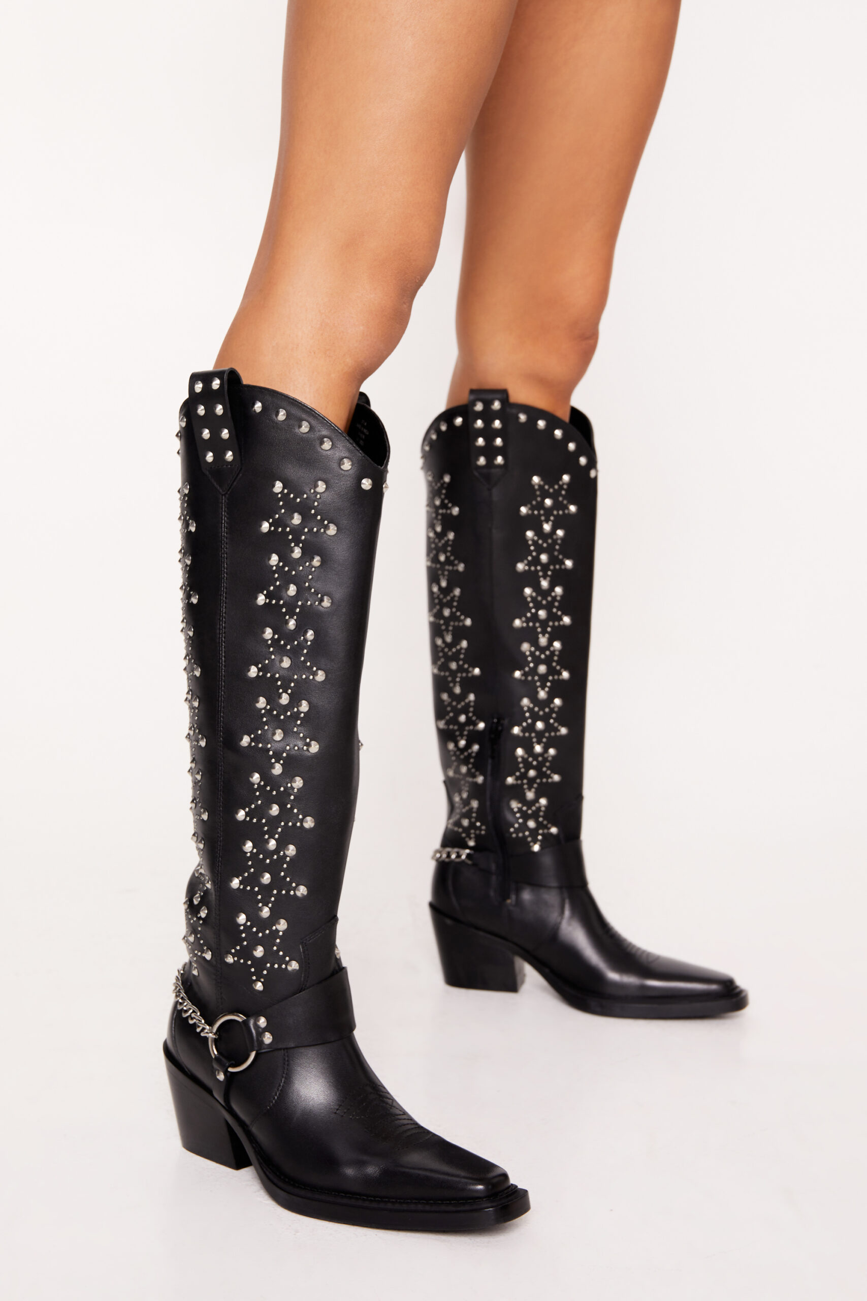 Leather Star Studded Knee High Cowboy Boots