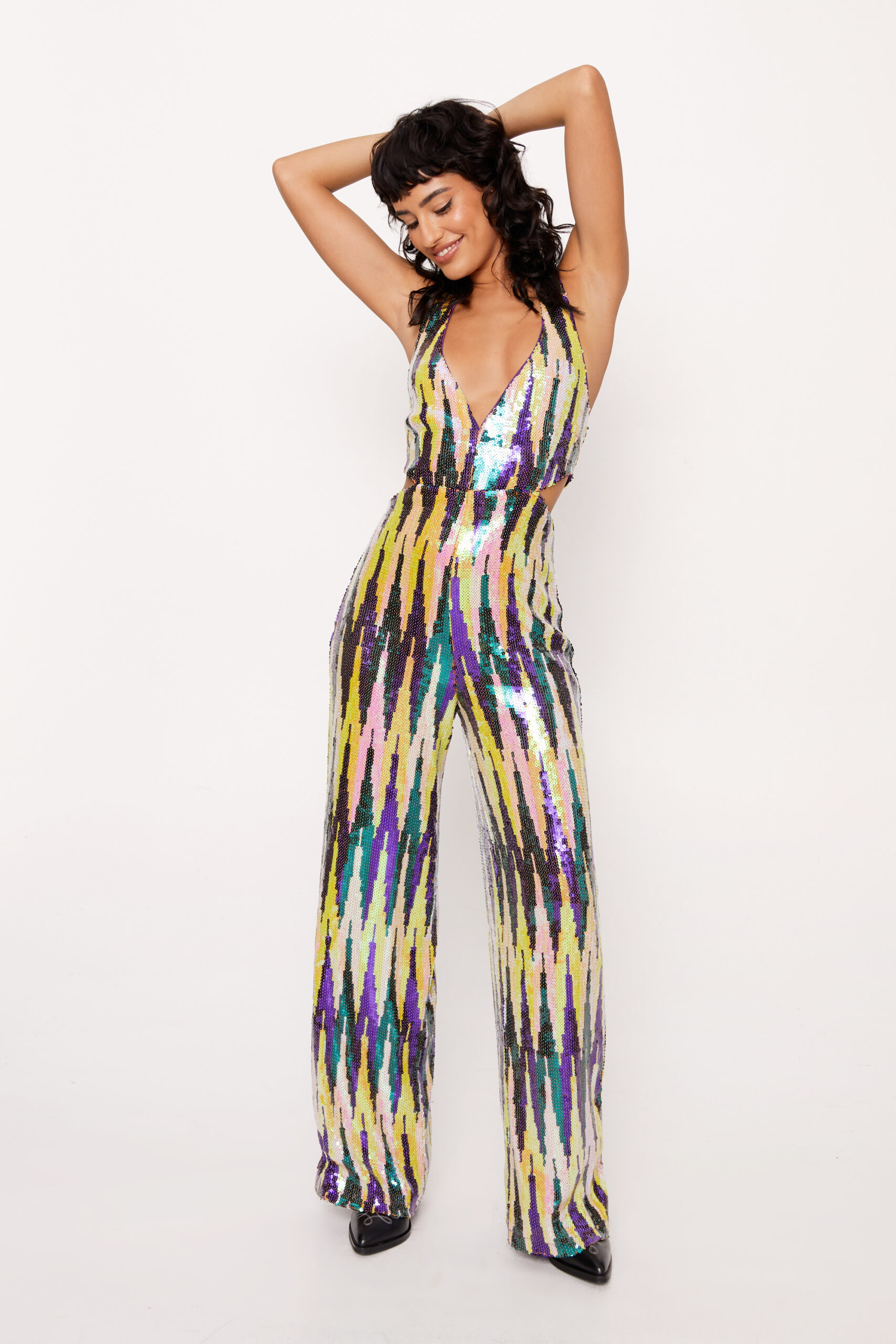 Stripe Sequin Halterneck Wide Leg Jumpsuit