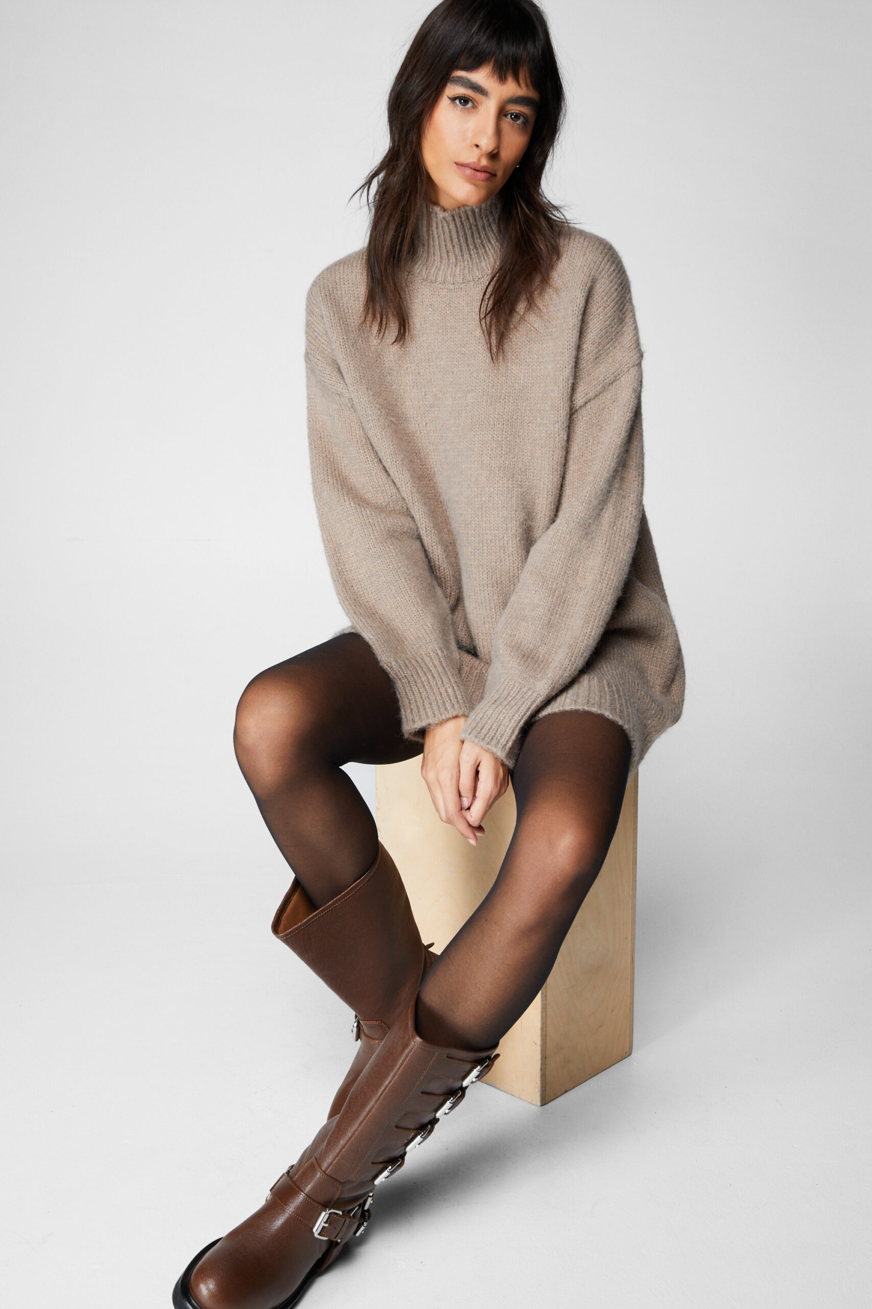 Brushed Knit Oversized Turtleneck Sweater Dress