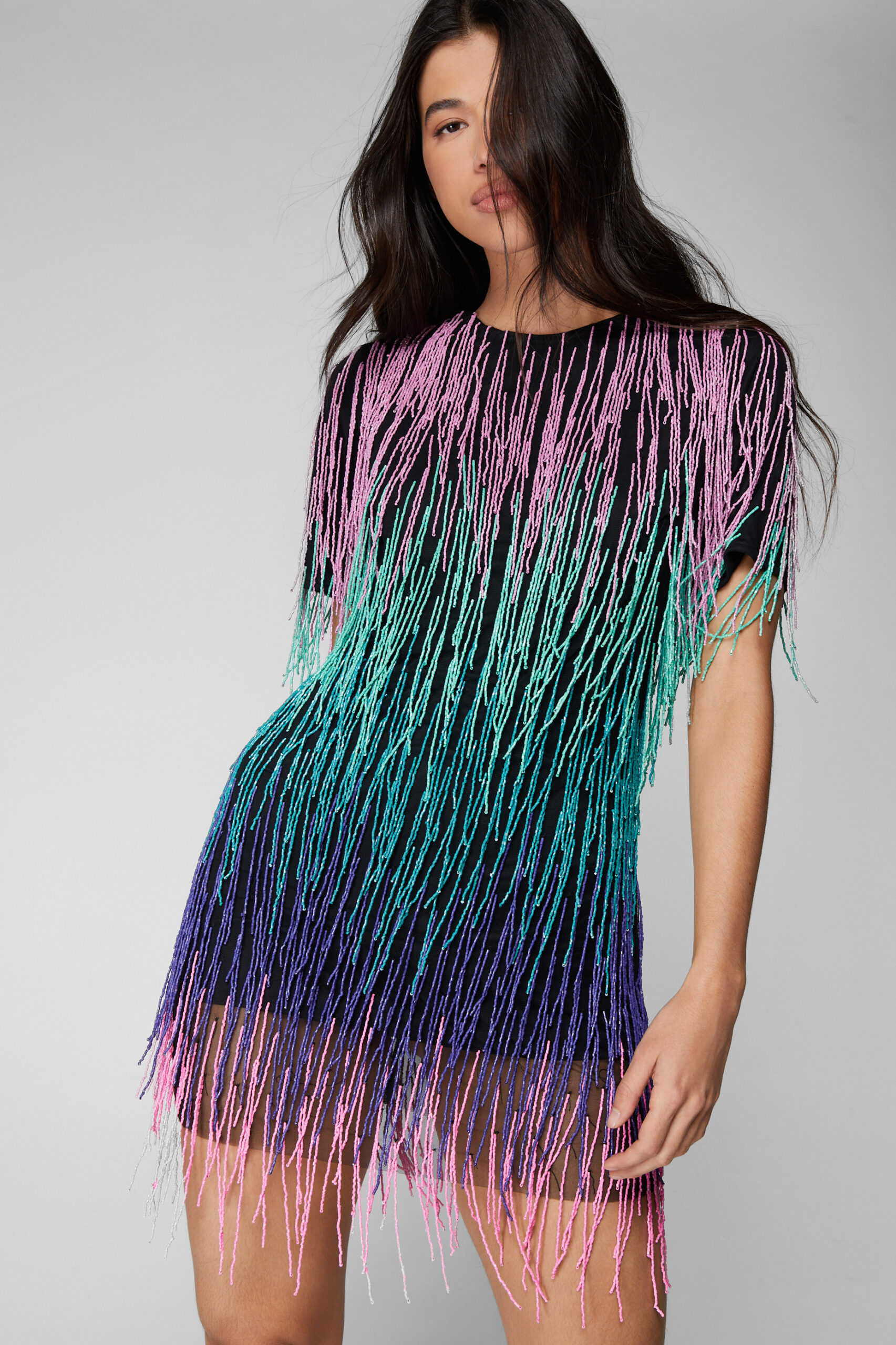 Rainbow Tassel Beaded Shift Dress