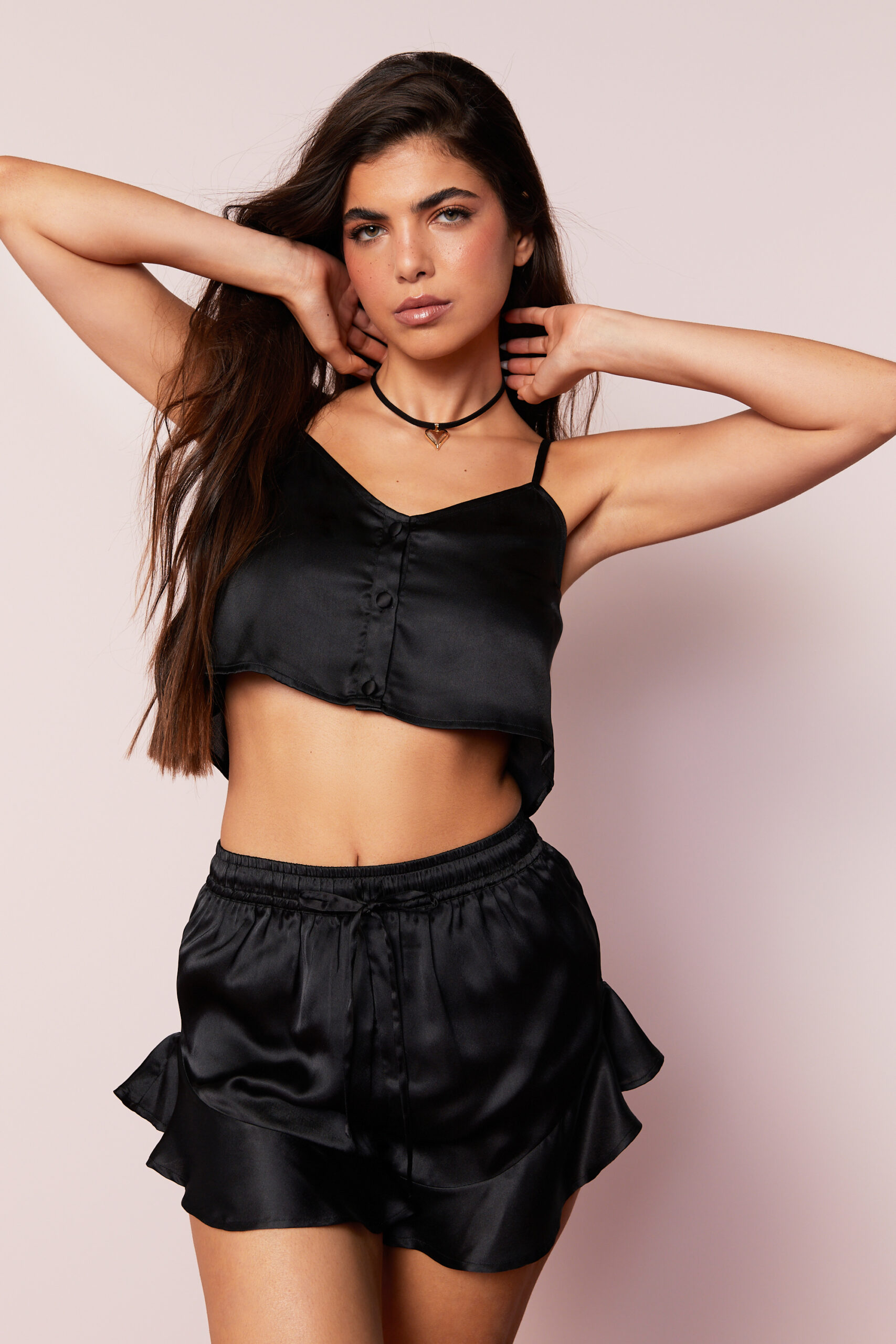 Satin Button Cami And Ruffle Pajama Shorts Set