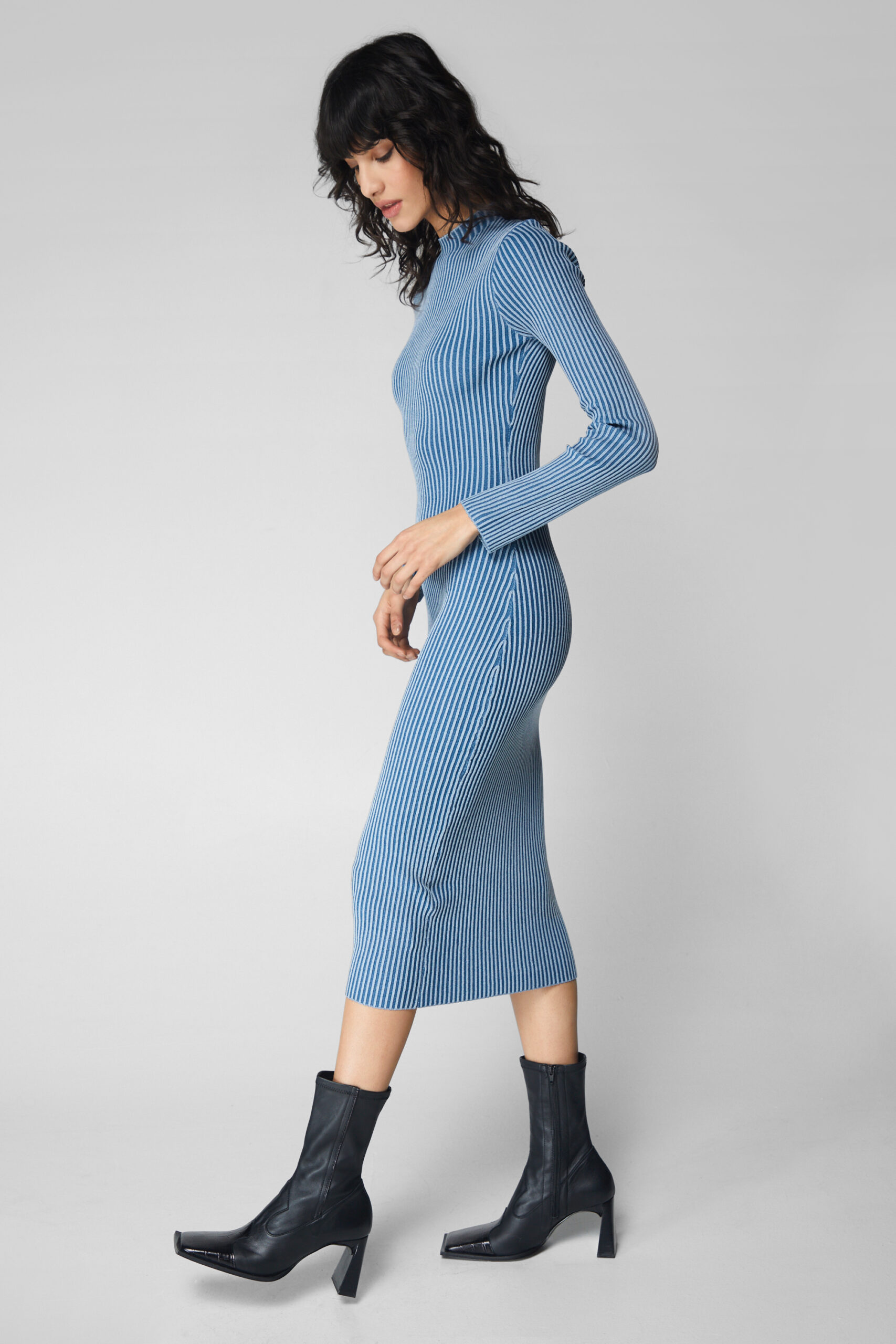 Stripe Funnel Neck Midi Dress