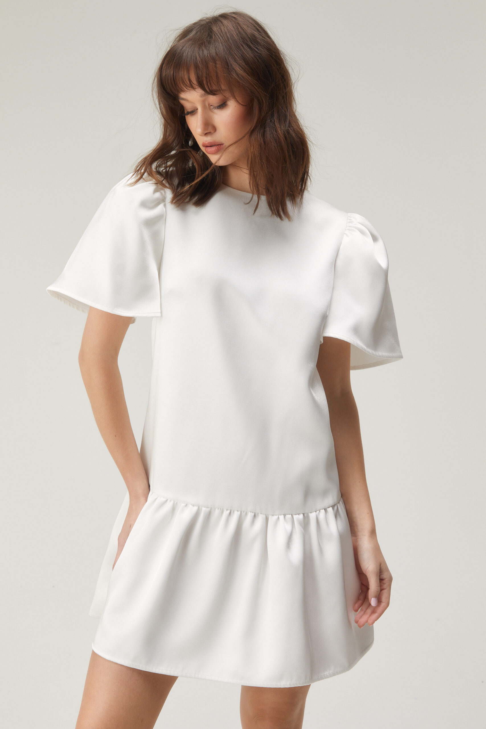 Structured Puff Sleeve Peplum Hem Mini Dress