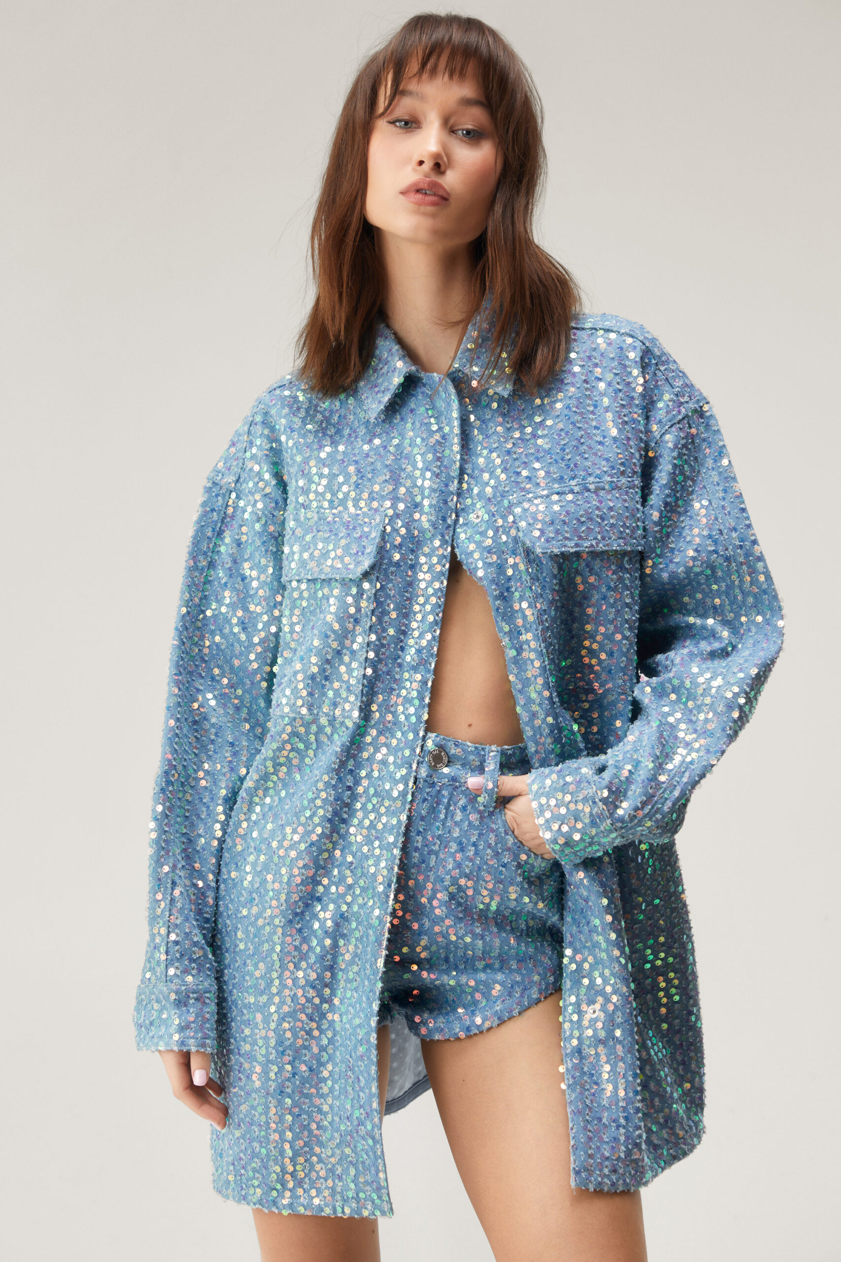 Sequin Oversized Denim Shirt