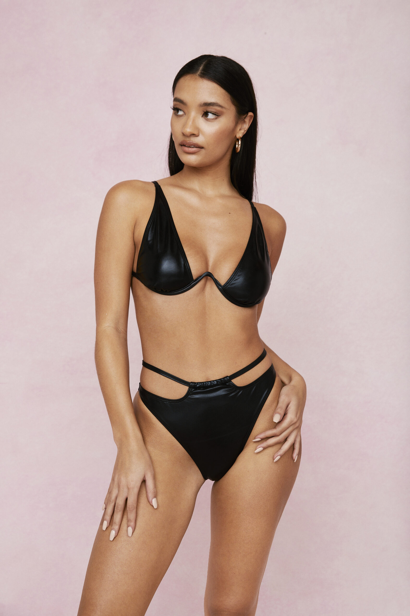 Coated Underwire V Neck Cut Out Bikini Set