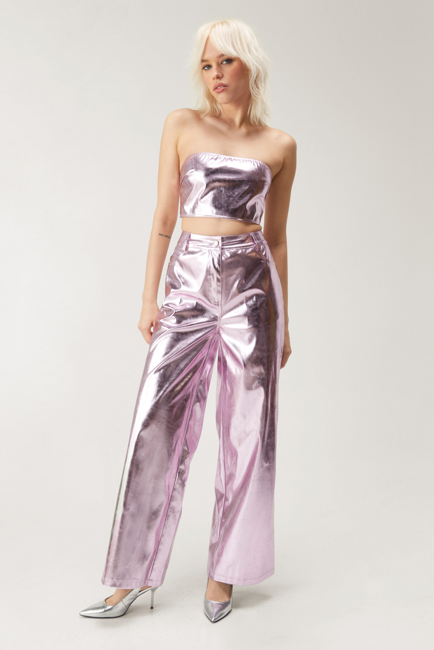 Metallic Faux Leather Wide Leg Pants