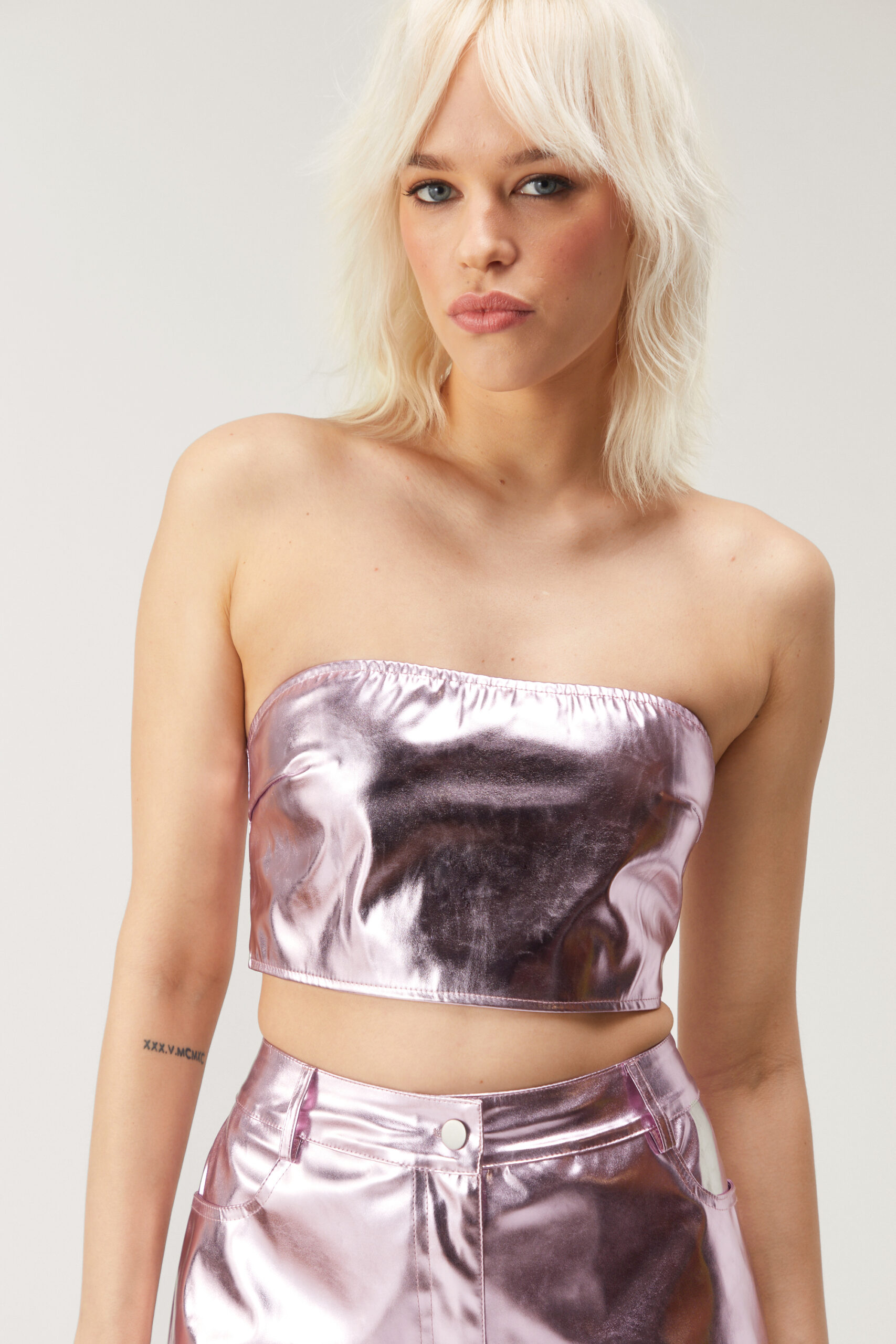 Metallic Faux Leather Bandeau Top