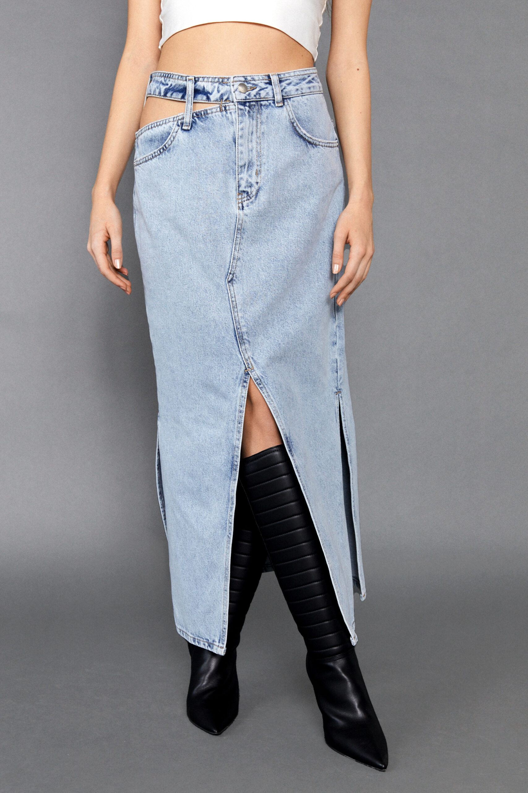 Cut Out Side Split Front Denim Maxi Skirt