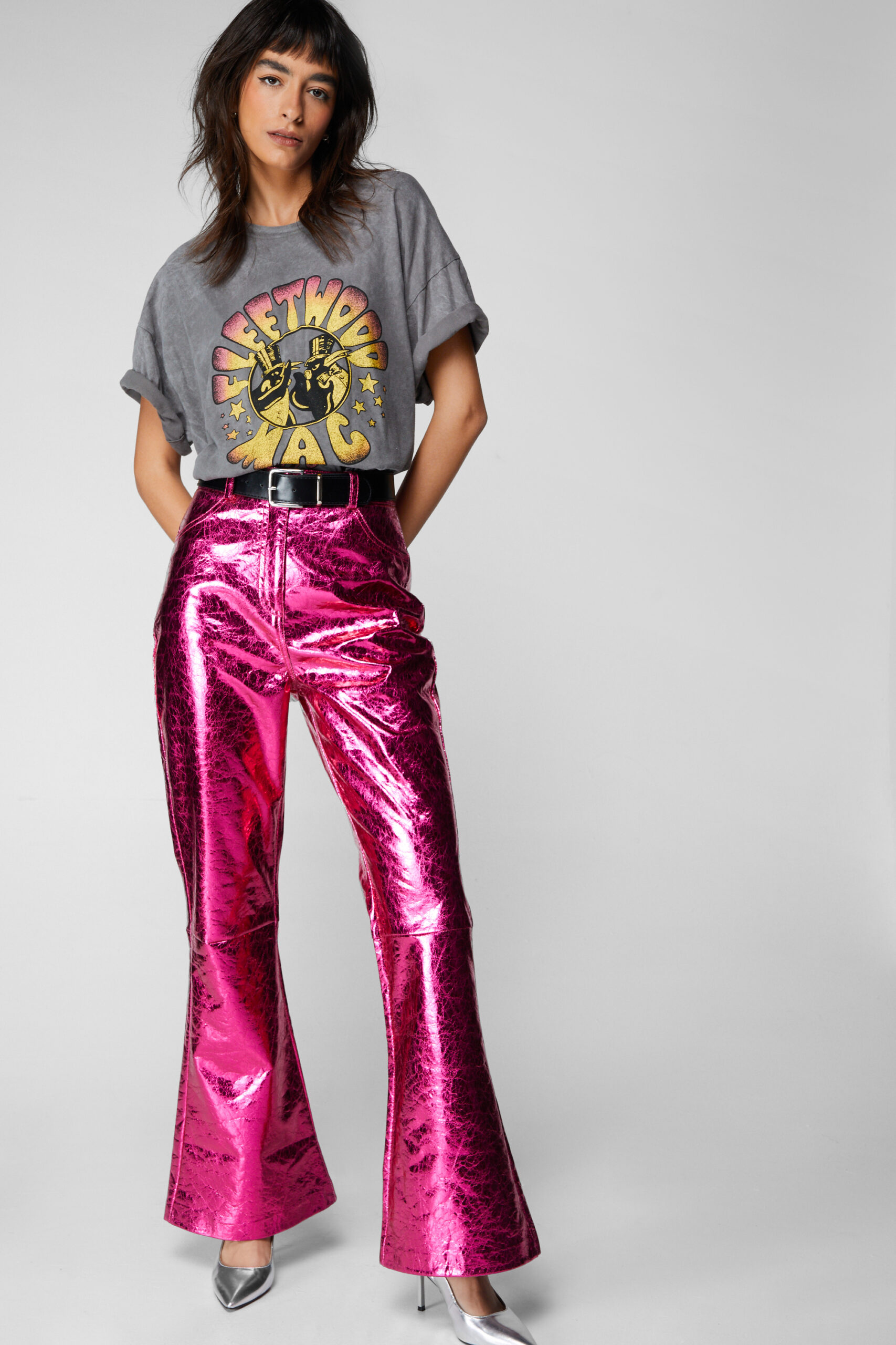 Metallic Crackle Flare Pants