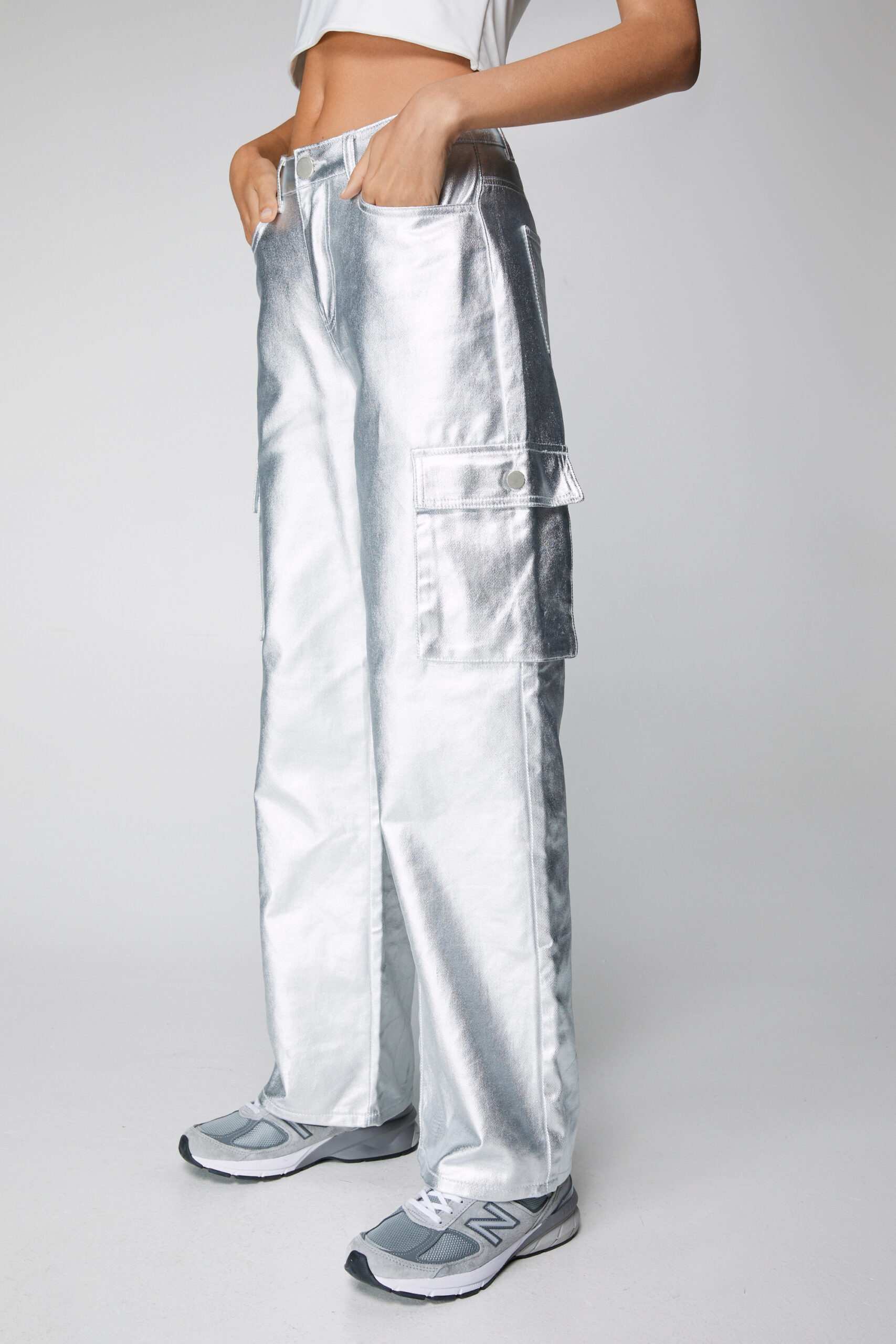 Metallic Coated Denim Cargo Jeans