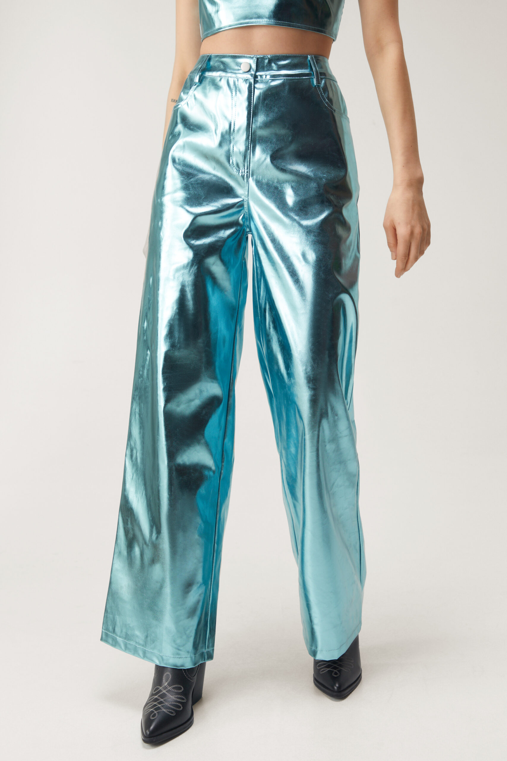 Metallic Faux Leather Wide Leg Pants