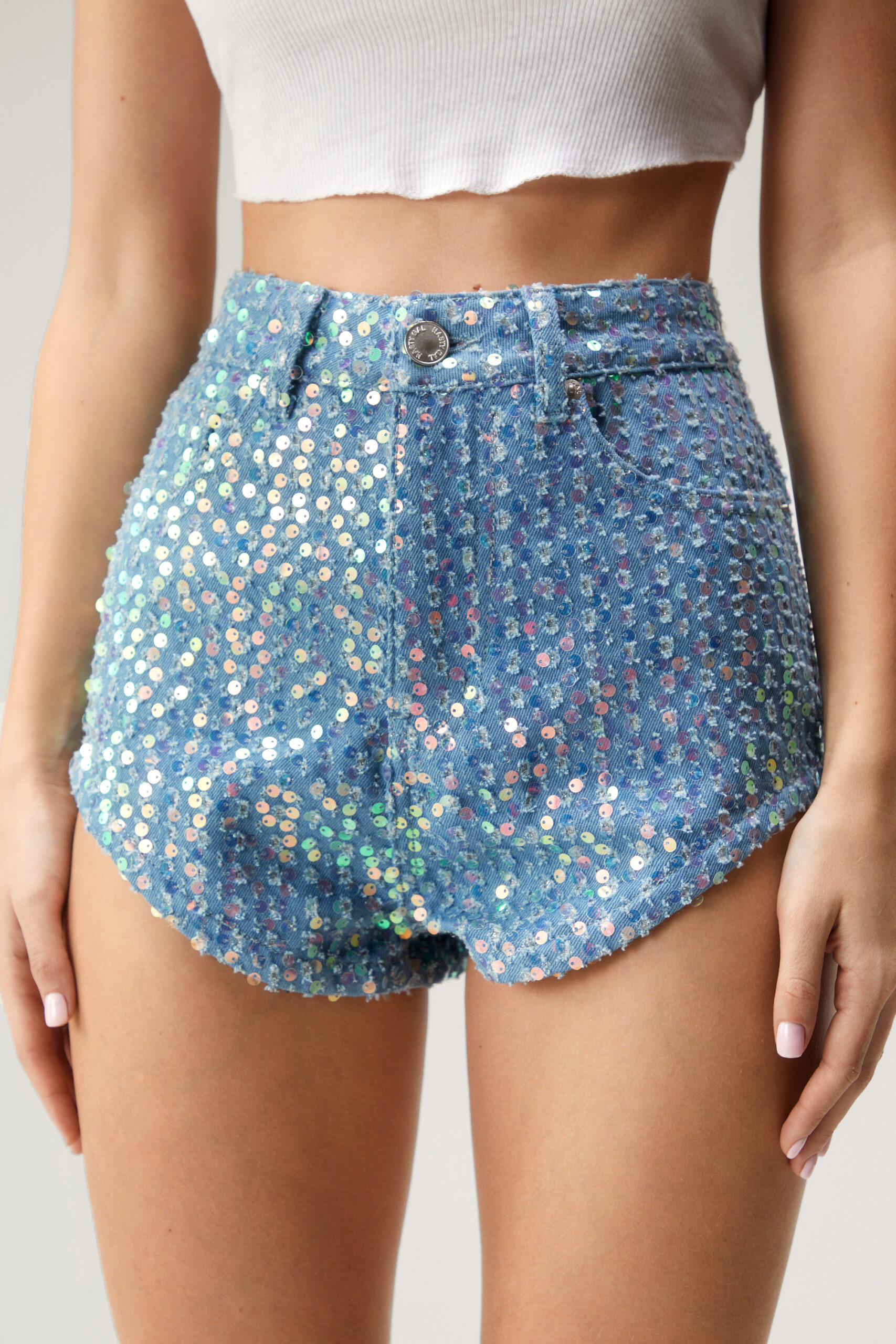 Sequin Denim Booty Shorts