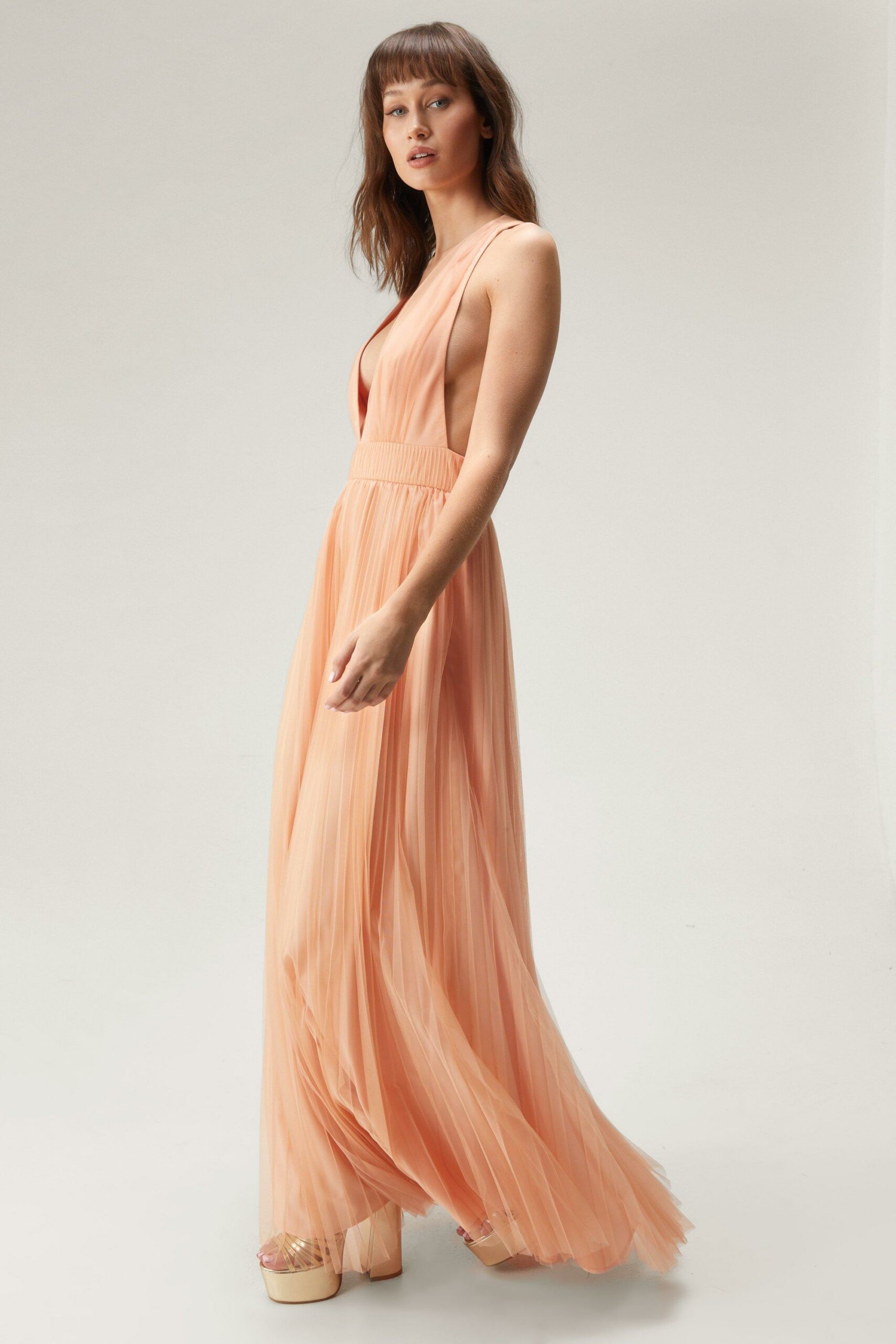 Tulle Plunge Maxi Dress