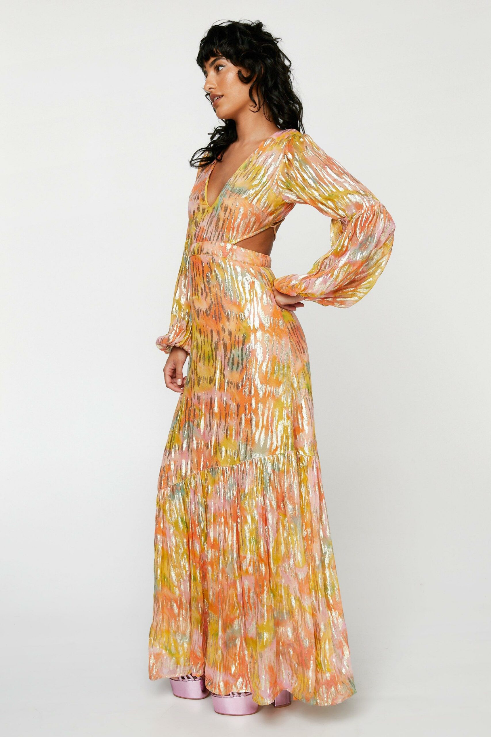 Metallic Blurred Floral Open Back Maxi Dress