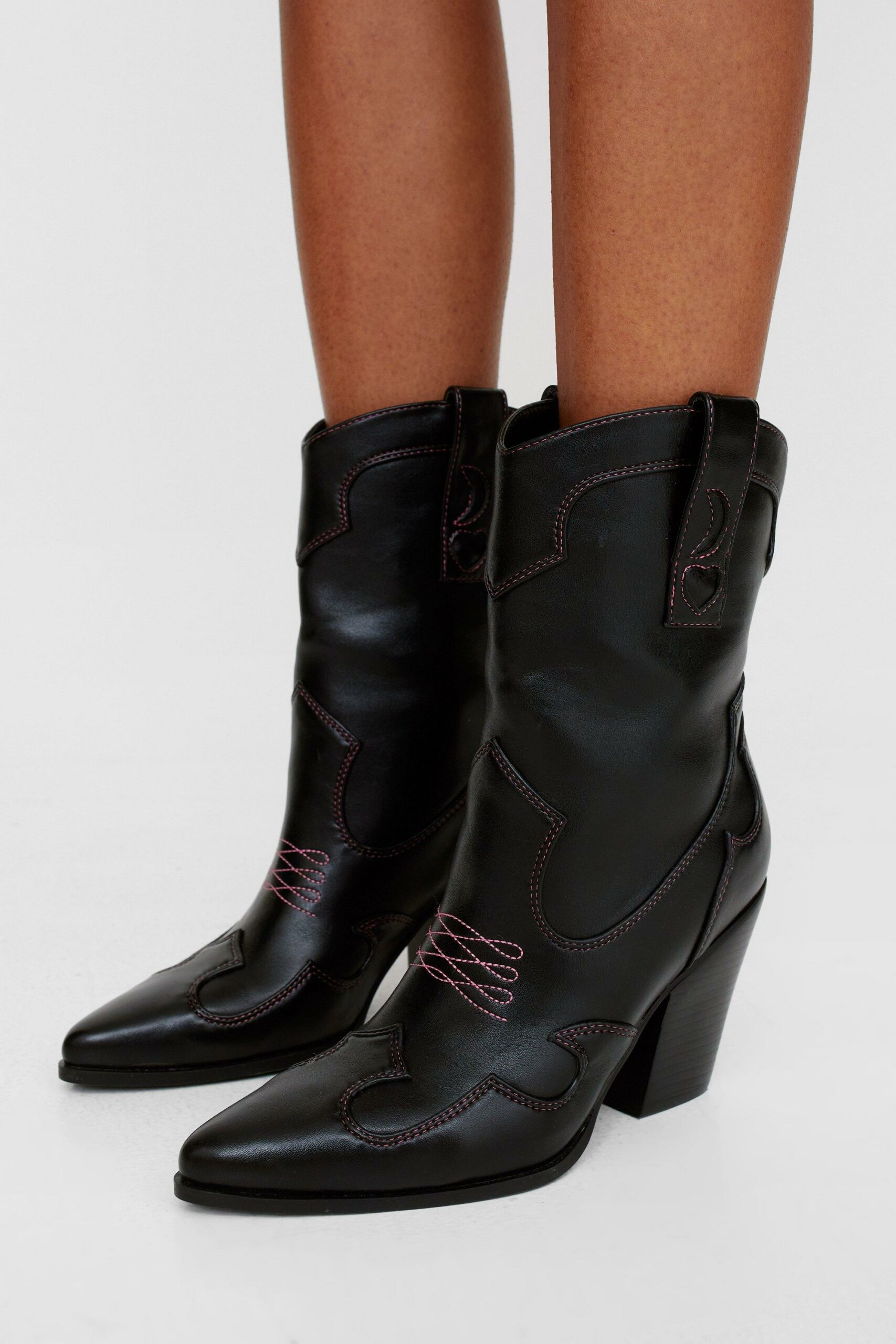 Faux Leather Contrast Embroidery Ankle Western Boot