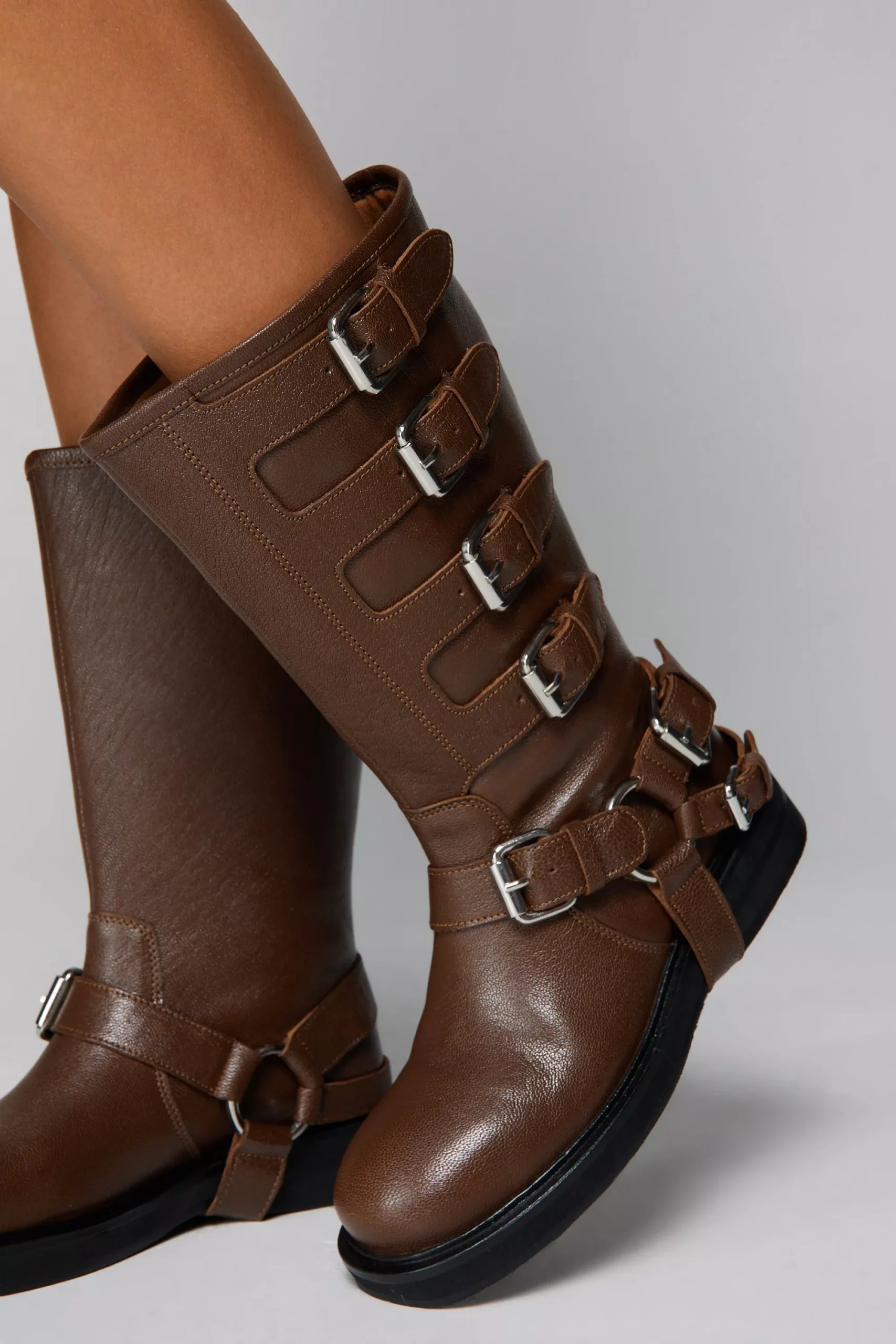 Real Leather Multi Buckle Biker Boots